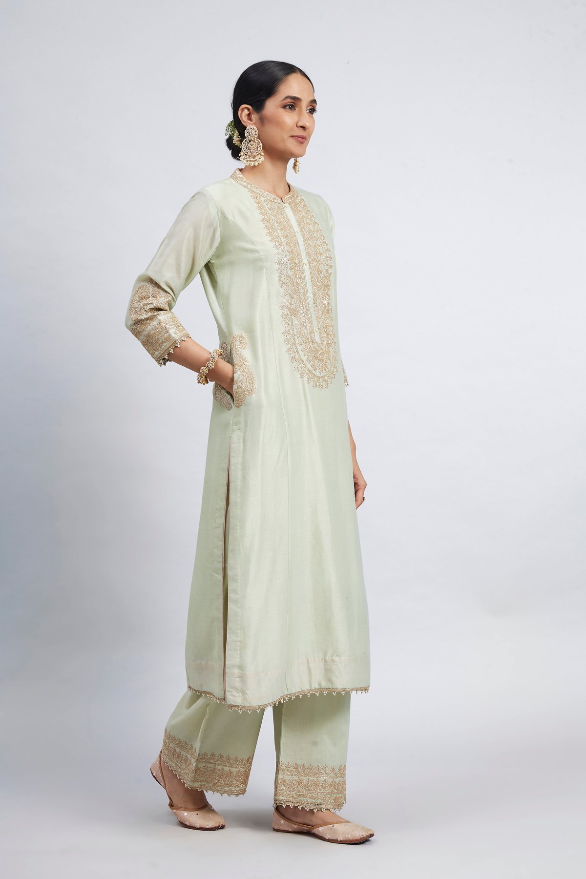 Mint Green Chanderi Silk Embroidered Kurta Palazzo Set