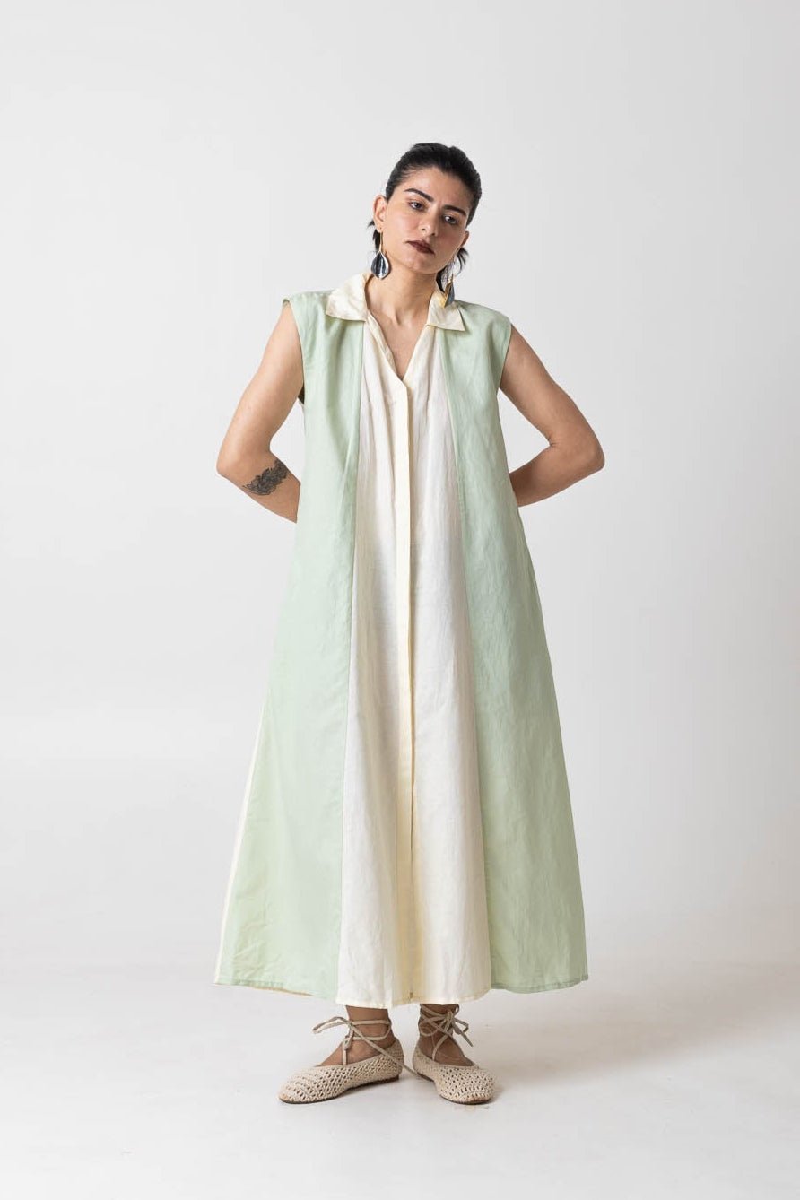 Mint and Off-White Colorblocked Maxi Shirt Dress