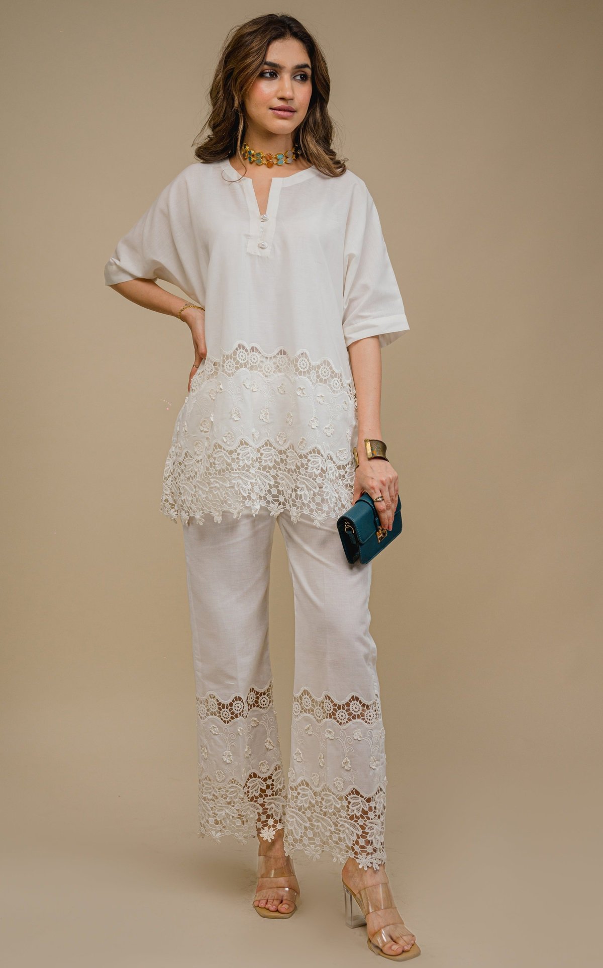 Cream Cutwork Co-ord Set with Tunic Top and Wide-Leg Pants
