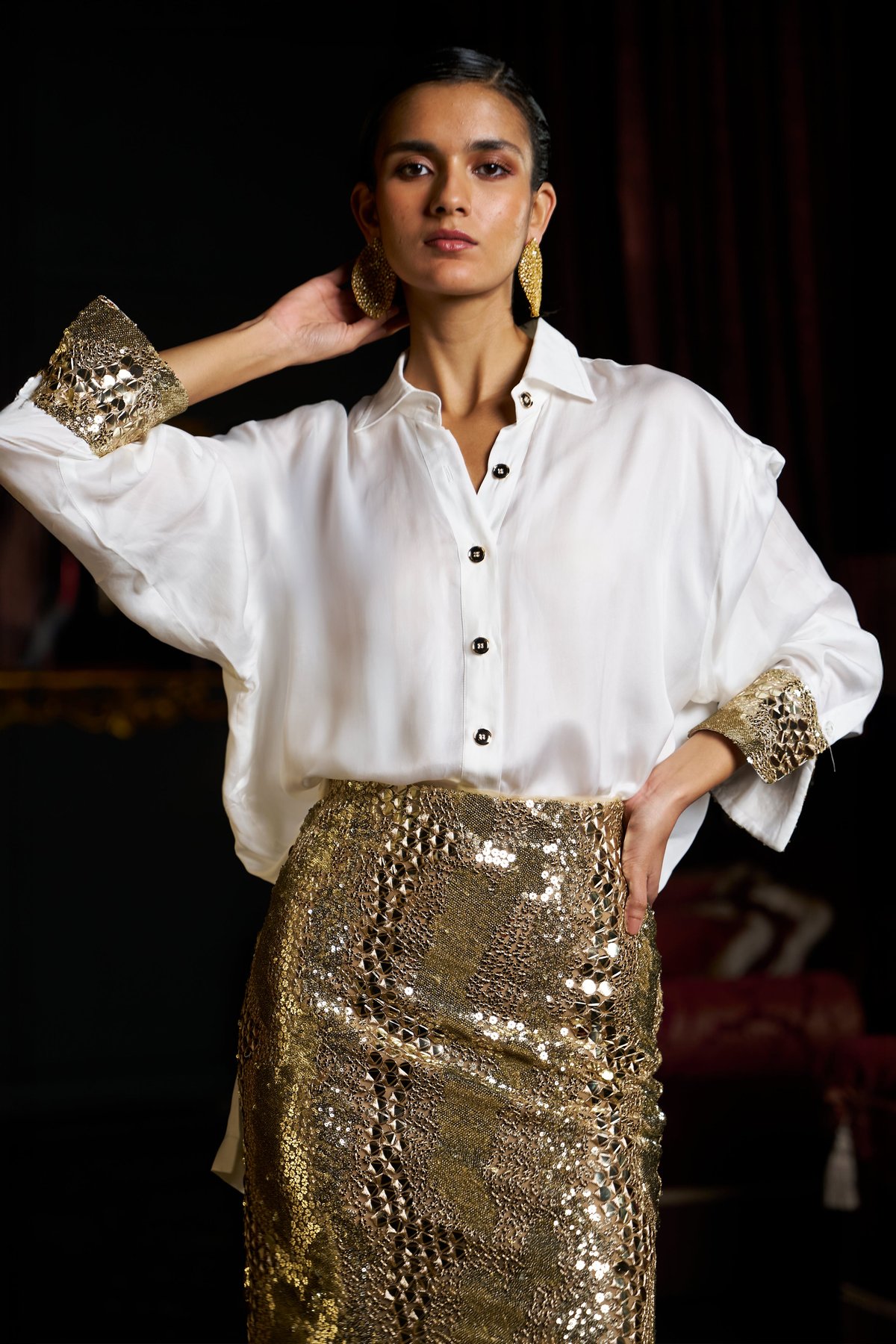 White Boxy Longline Shirt with Embroidered Sequin Cuffs