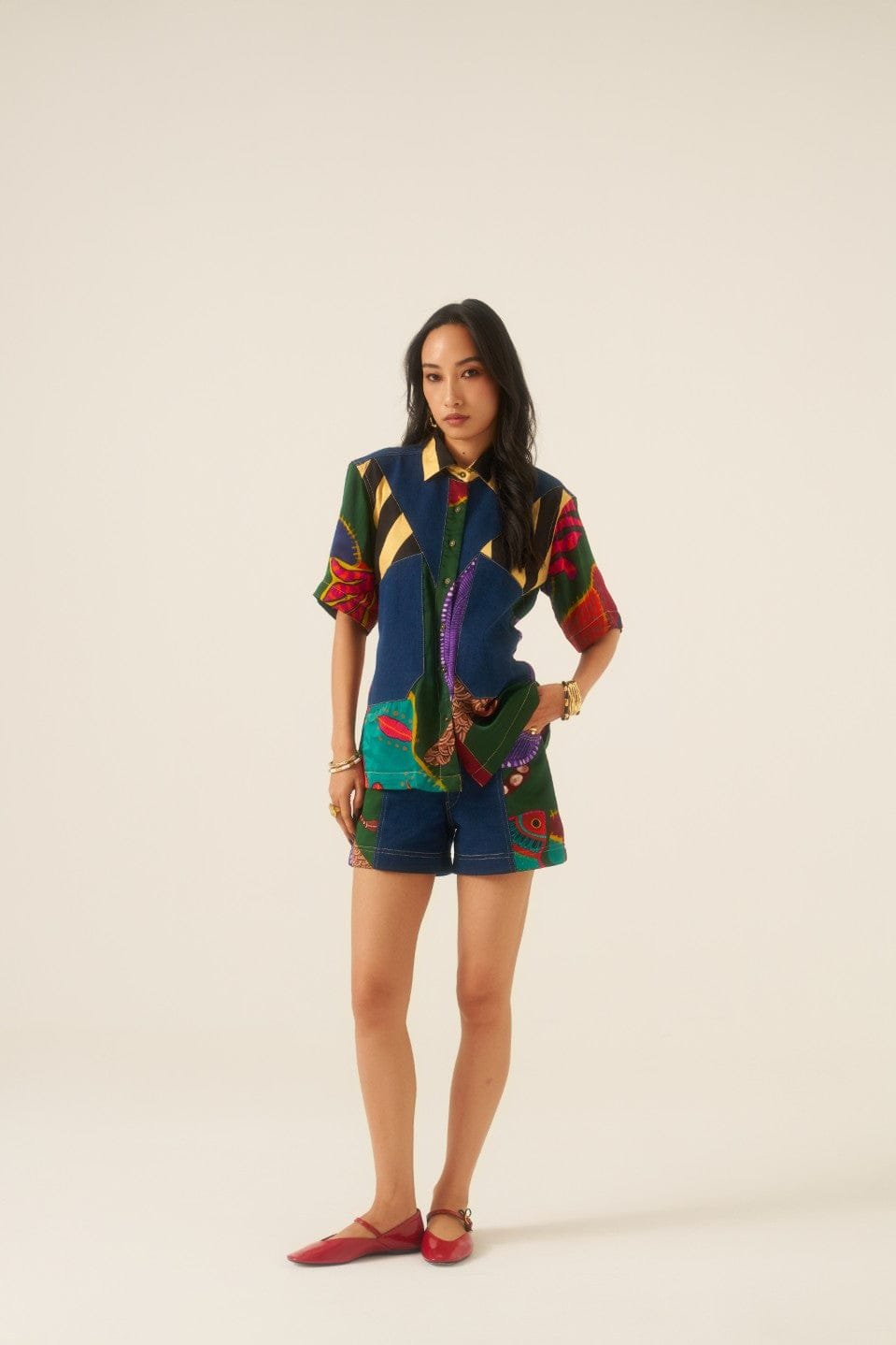 Multicolor Patchwork Denim Panel Button-Down Shirt
