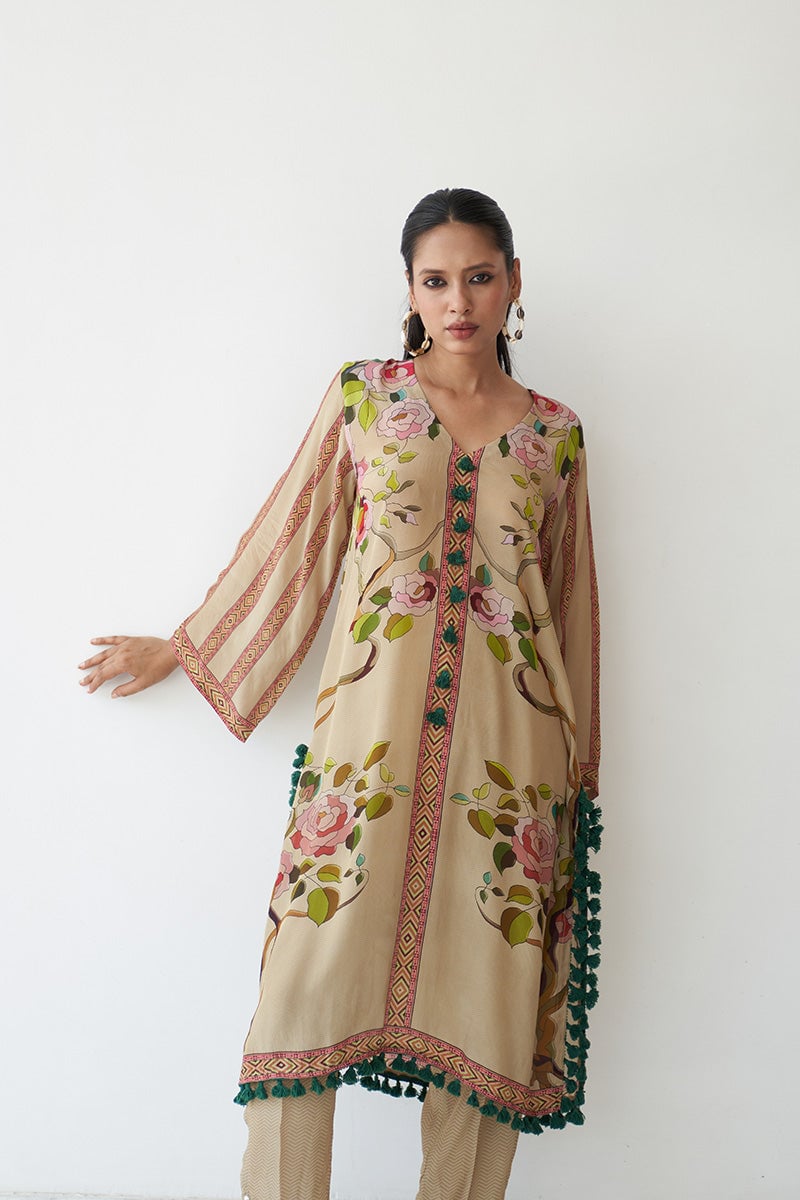 Beige Floral Printed Kurta and Pants Co-ord Set