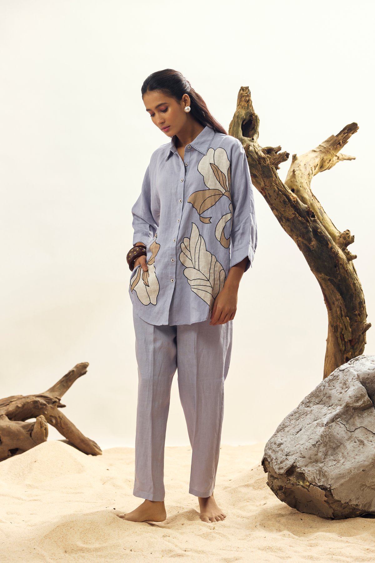 Blue Linen Shirt with Oversized Floral Applique