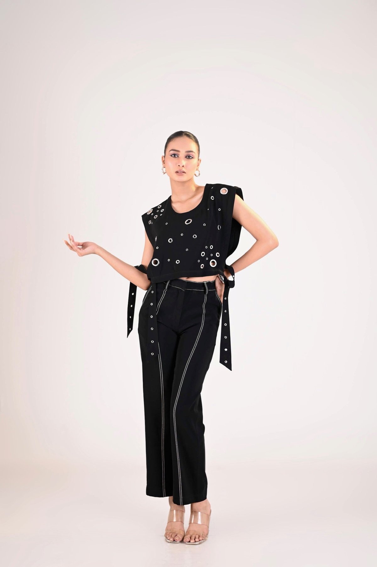 Black Denim Eyelet Bib Top with Side Tie-Ups