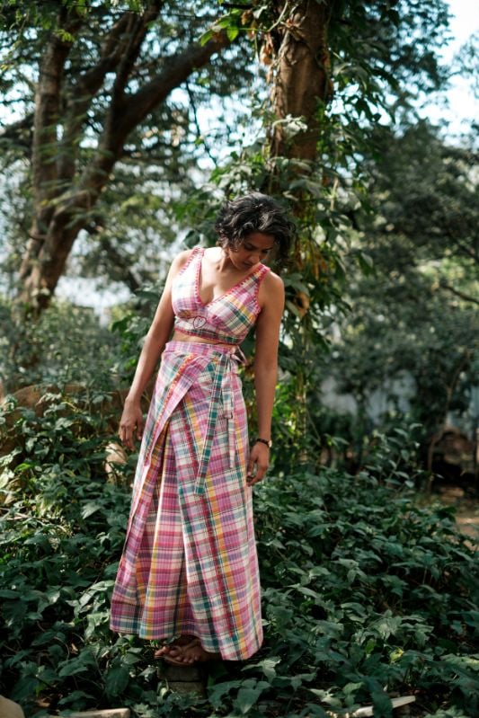 Multicolor Checked Cotton Wrap Maxi Skirt