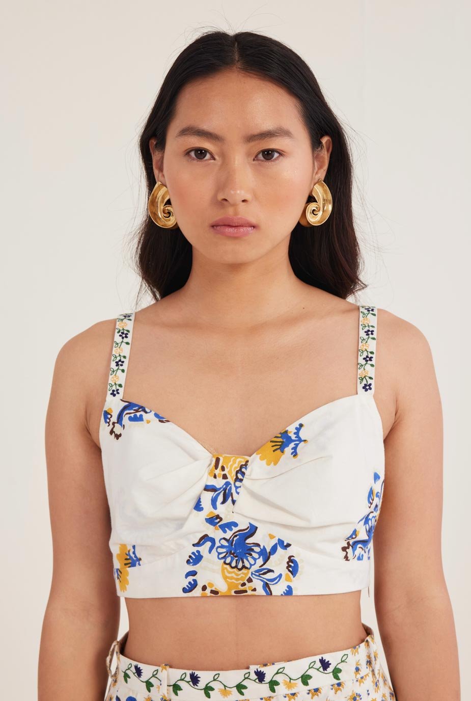 White Floral Printed Cotton Poplin Bralette Top