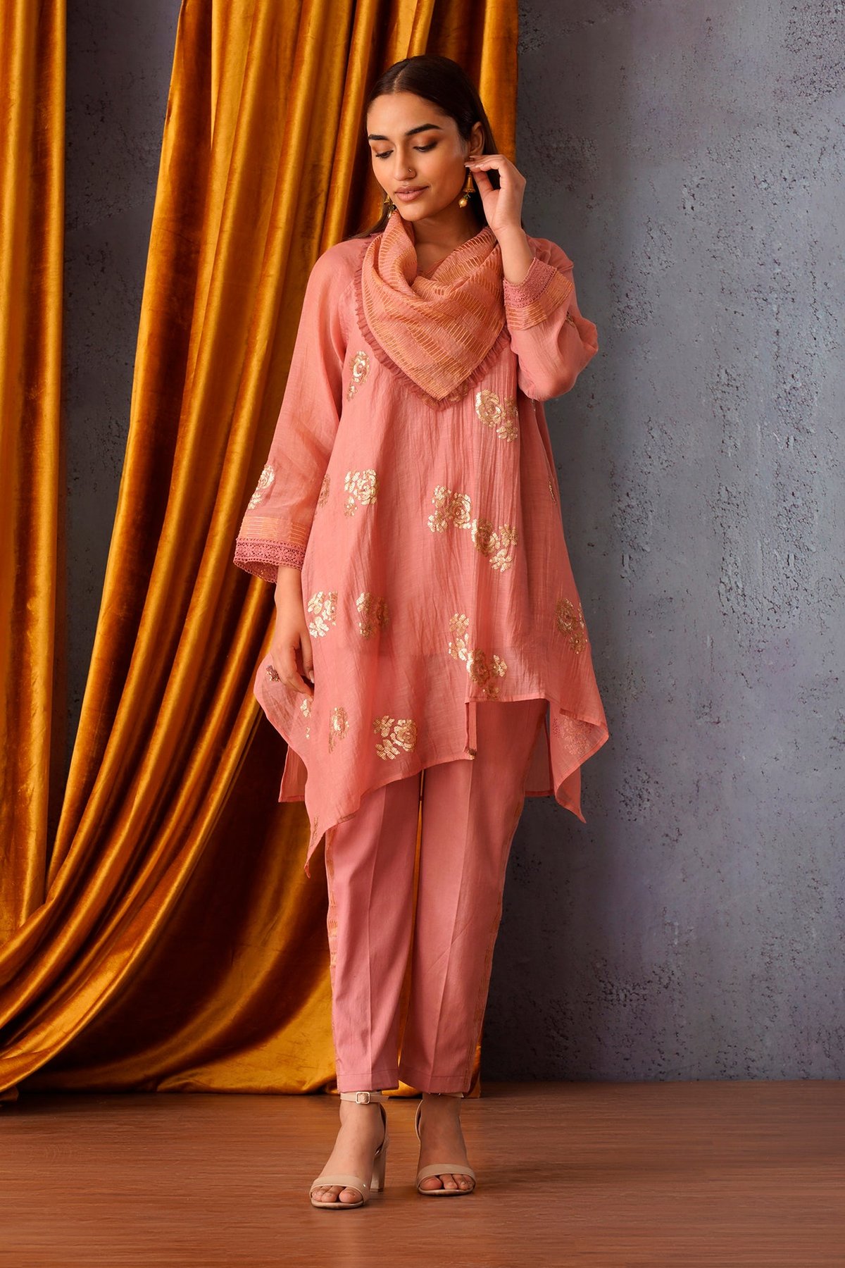 Sequin Embroidered Asymmetric Tunic with Cowl Neck
