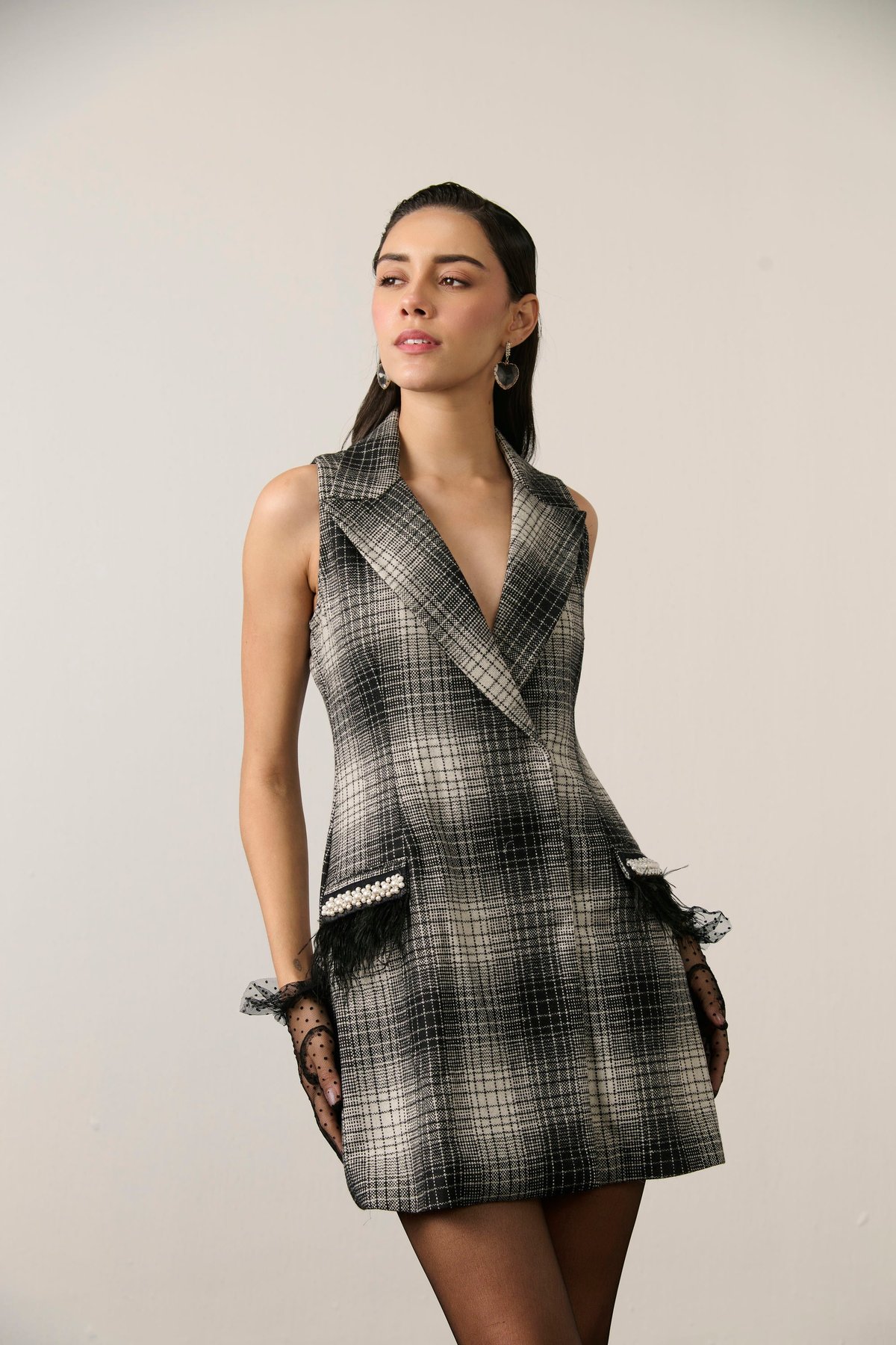 Grey Checked Tweed Sleeveless Blazer Mini Dress
