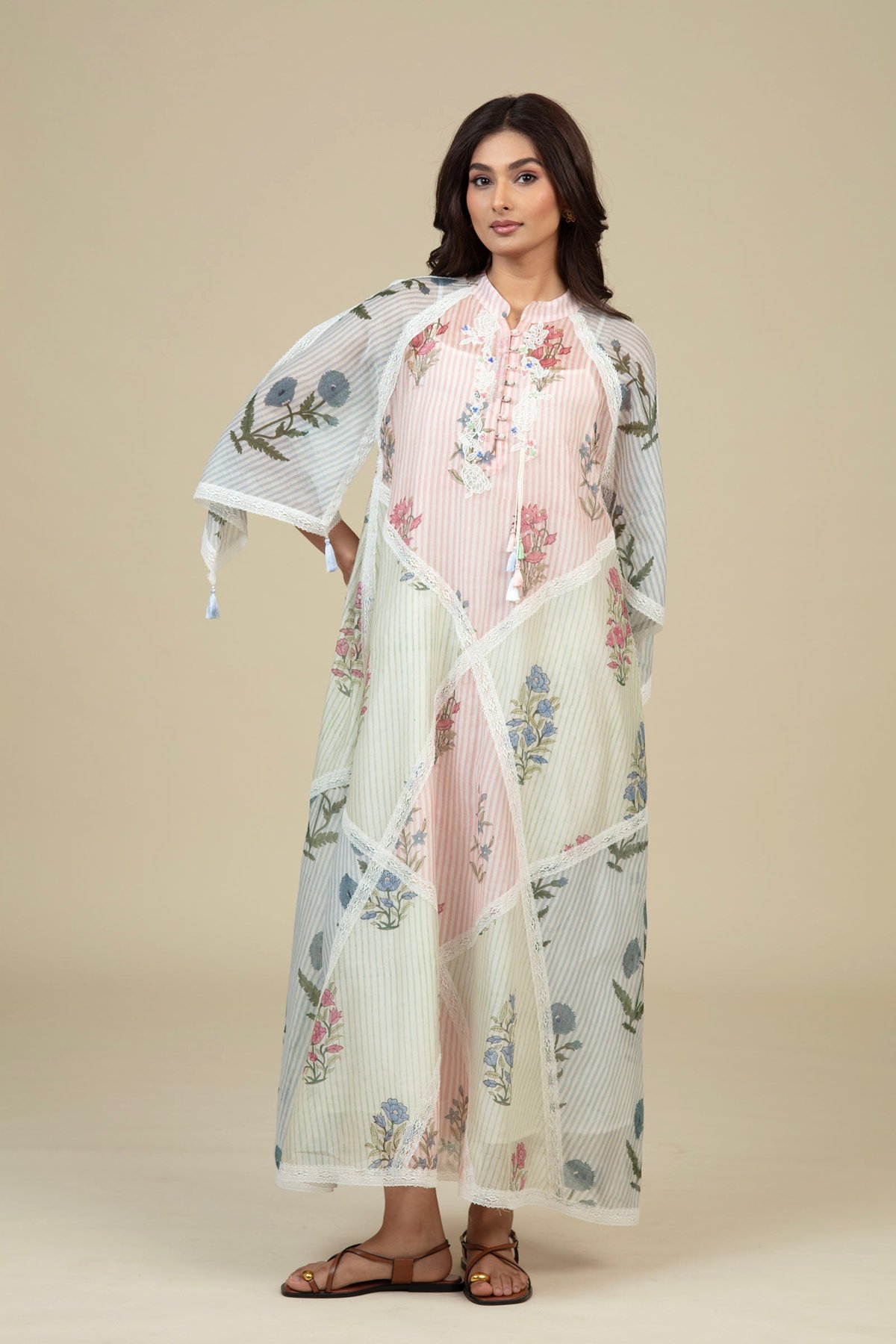 Multi-Print Cotton Voile Maxi Dress with Lace Trim