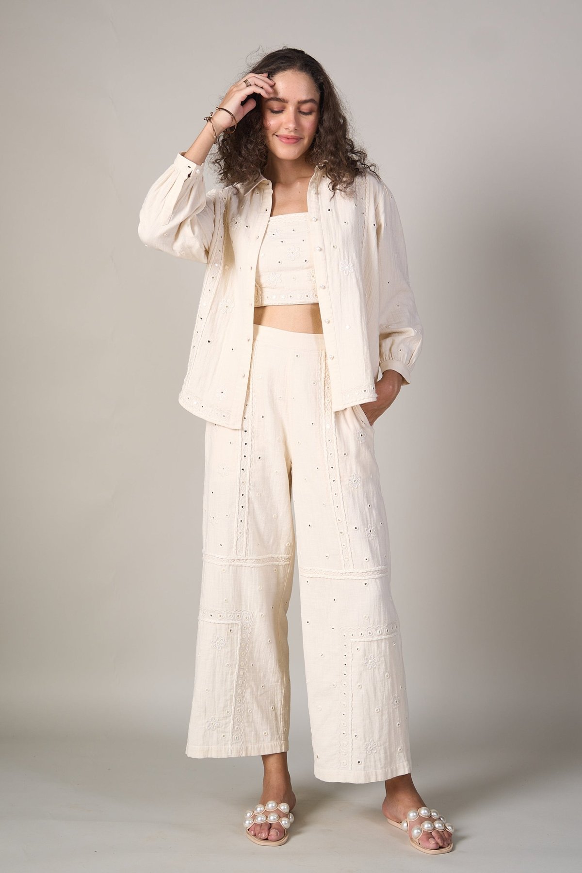 White High-Waist Wide-Leg Mirror Work Pants