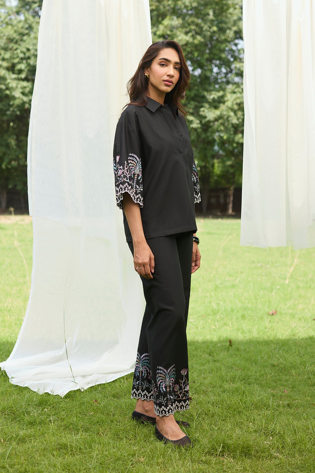 Black Embroidered Co-ord Set with Wide-Leg Pants