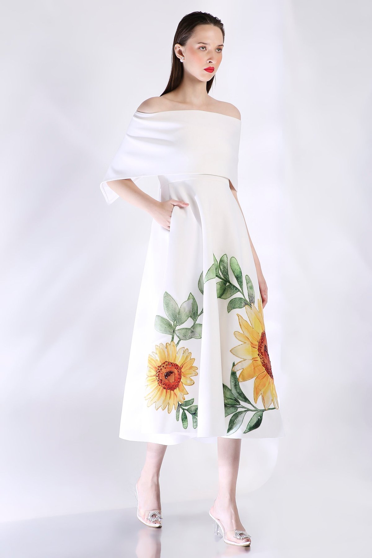 Off-White Strapless Fit and Flare Midi Dress with Wrap