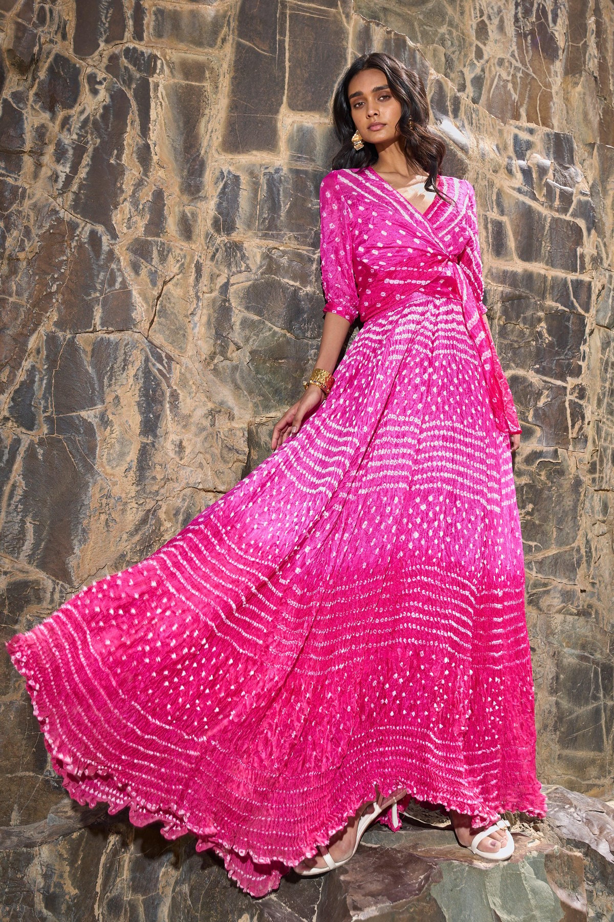 Fuchsia Bandhani Ombre Flared Maxi Skirt