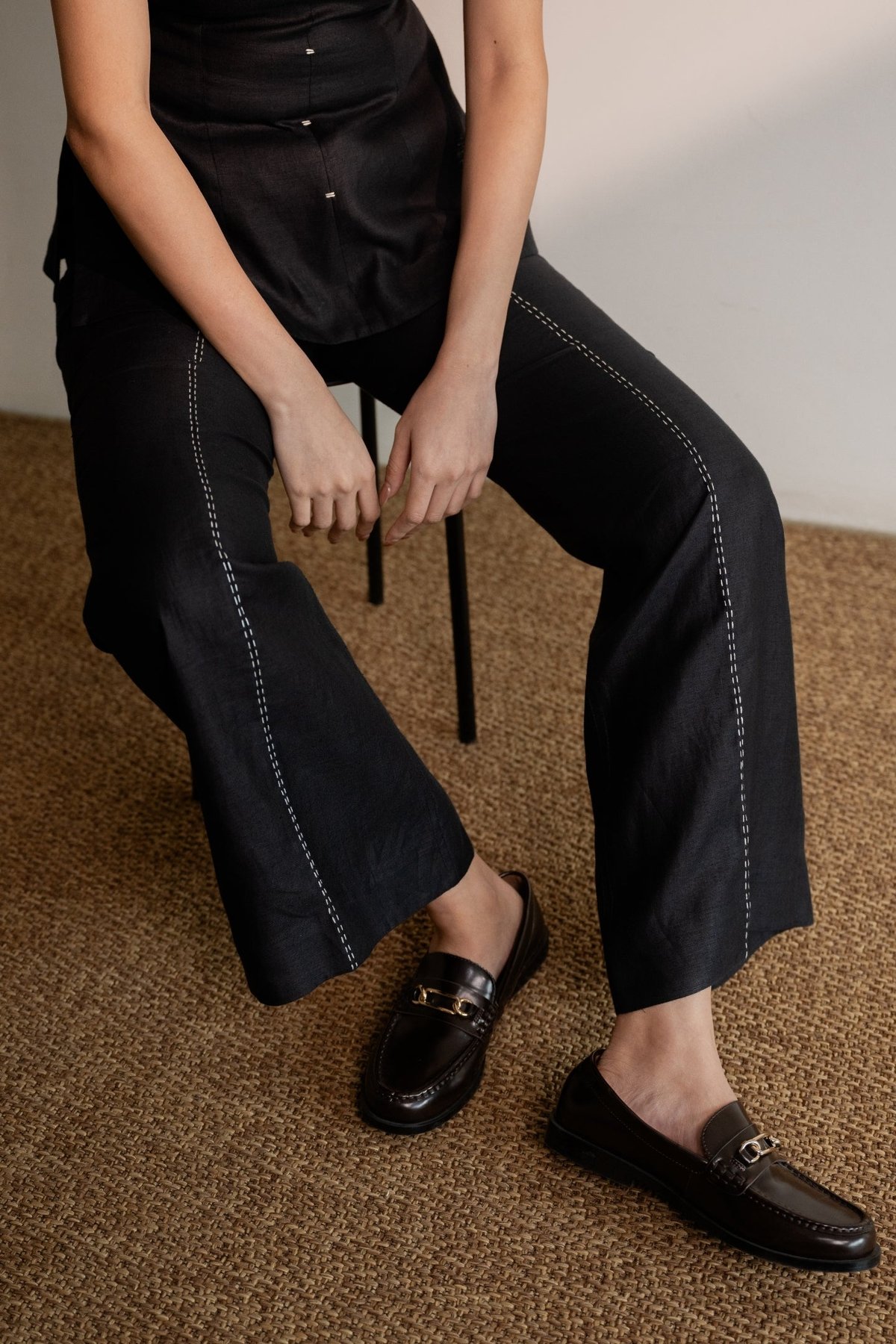 Ebony Black Hemp Flared Trousers with Contrast Stitching