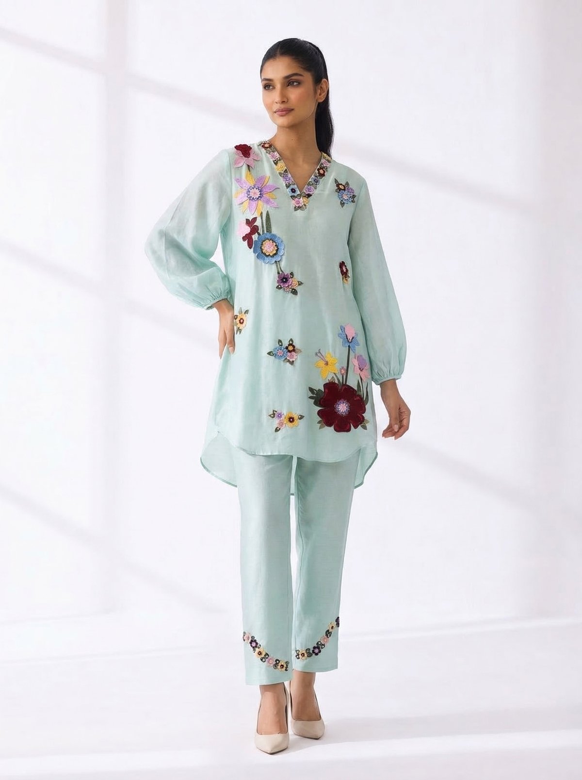 Aqua Embroidered Tunic and Cigarette Pants Co-ord Set