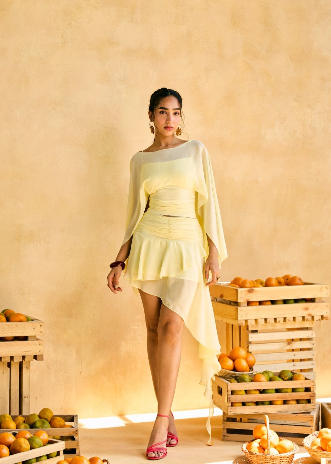 Lemon One-Shoulder Draped Georgette Top