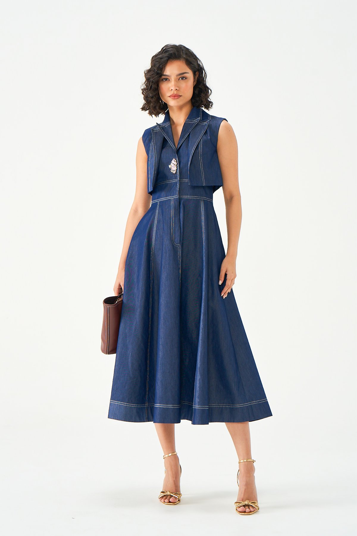 Blue Denim Fit and Flare Midi Dress with Lapel Collar