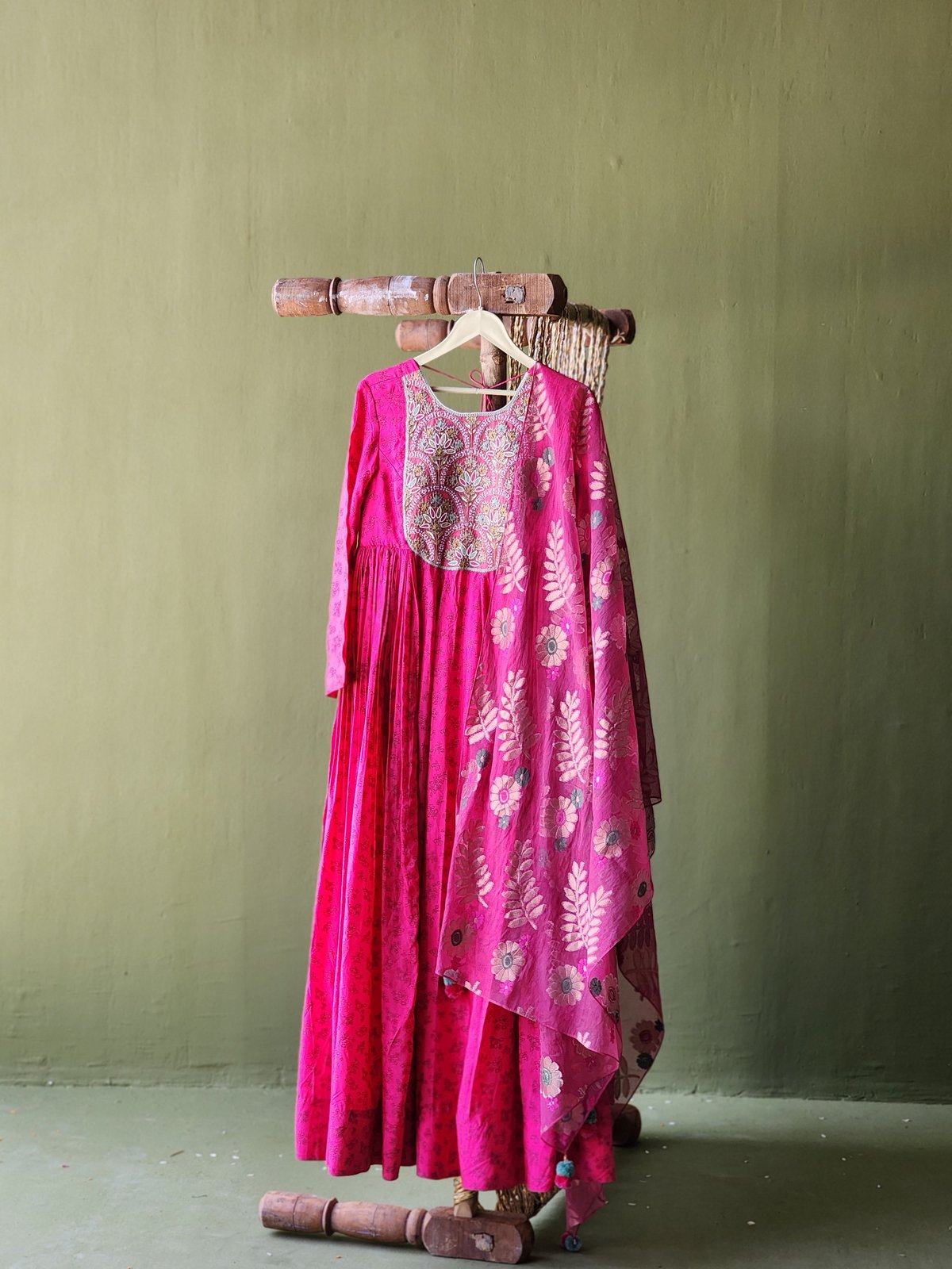 Pink Flared Silk Kurta with Embroidered Yoke