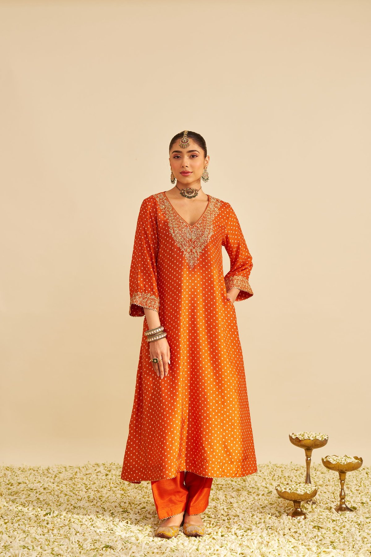 Orange Bandhani A-Line Chauga Kurta Set with Salwar
