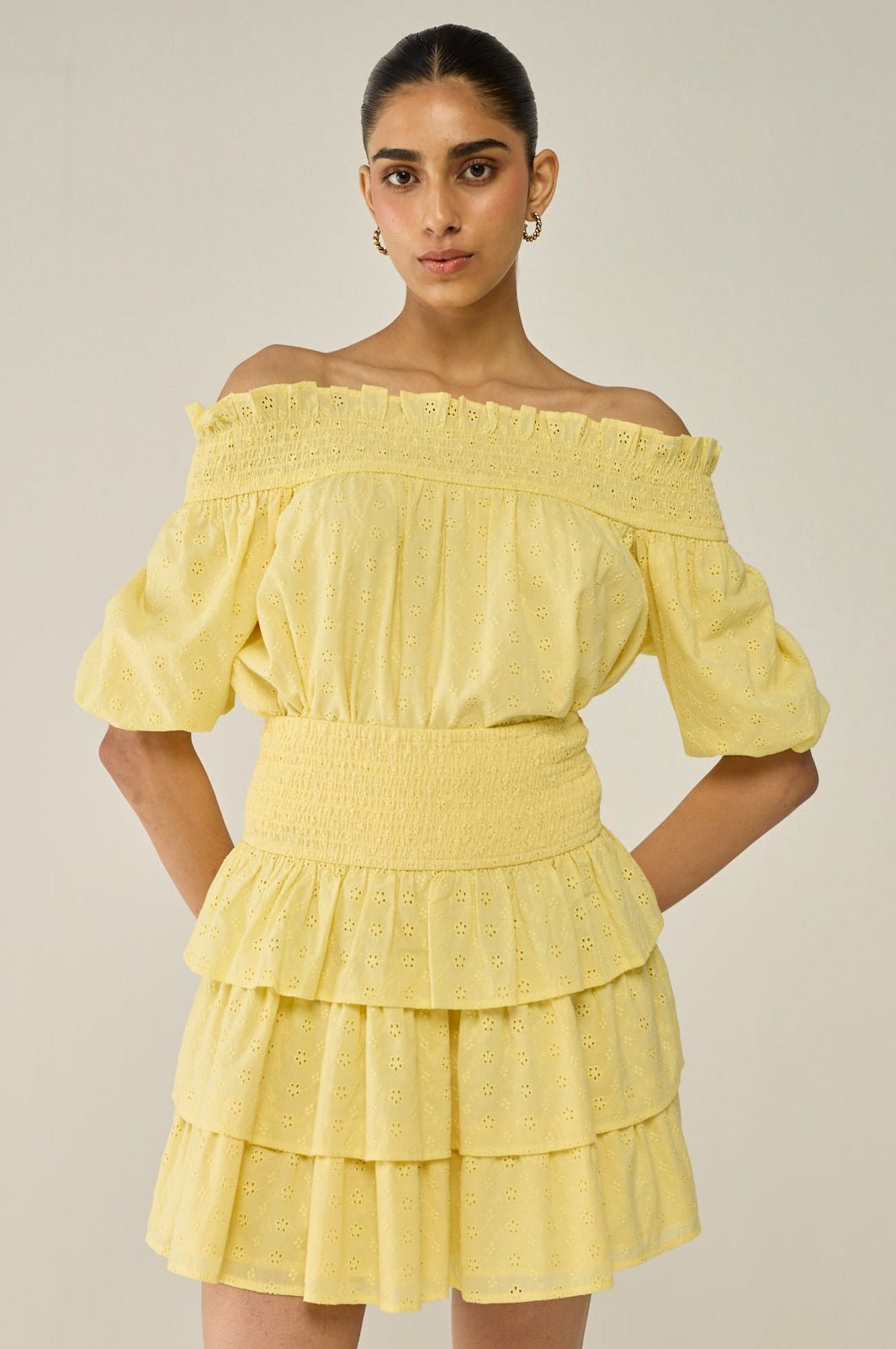 Yellow Schiffli Skirt And Blouse Co-ord Set