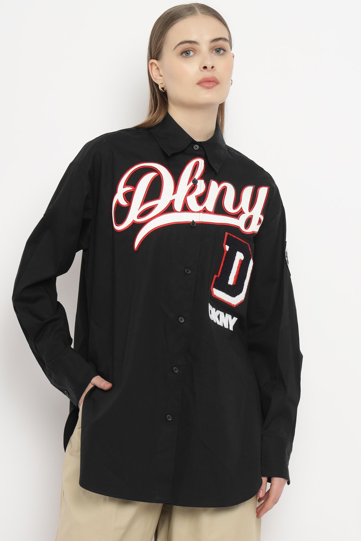 Black Oversized Button-Up Shirt with Varsity Logo Applique