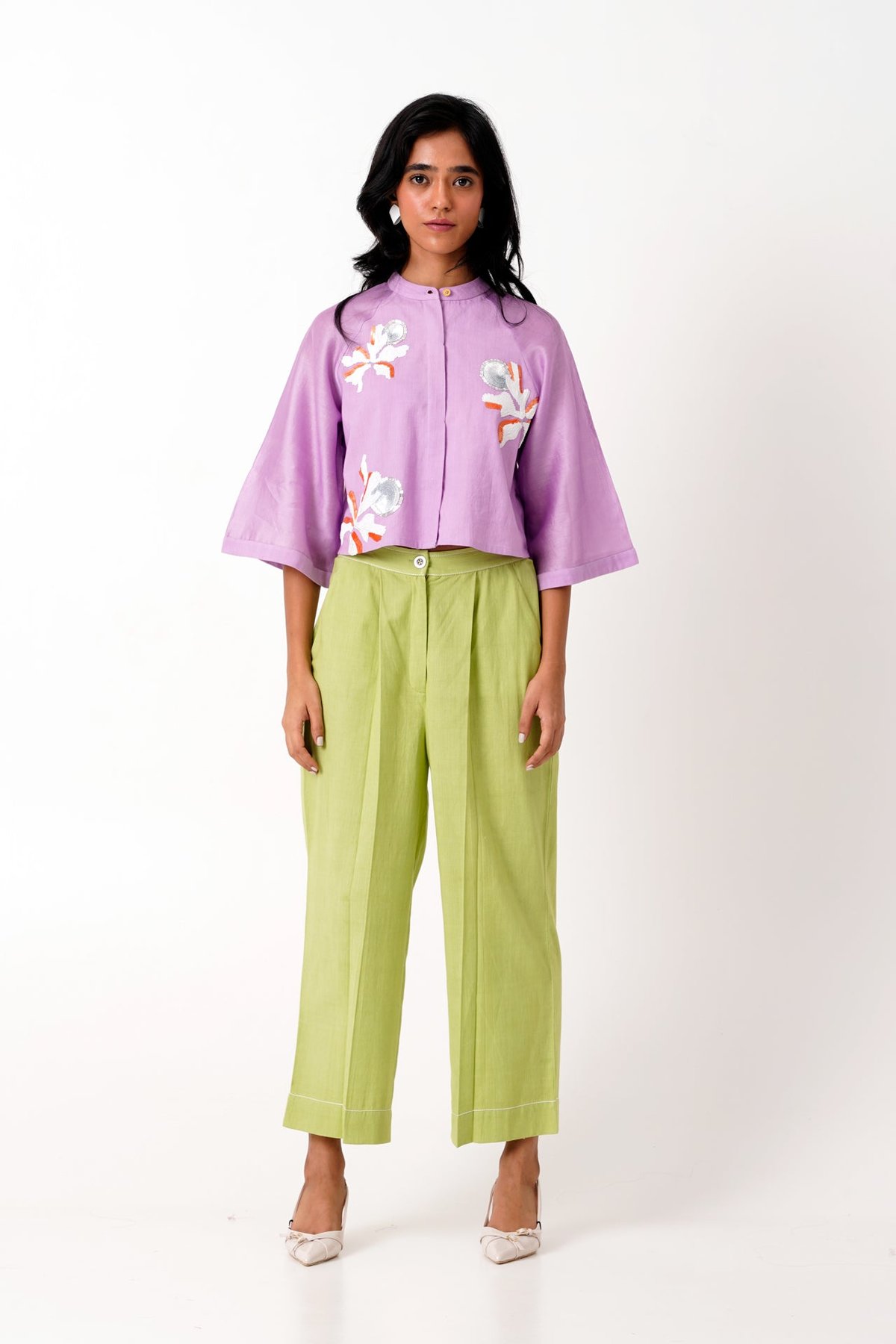 Lavender Crop Shirt and Light Green Ankle Pants Co-ord Set