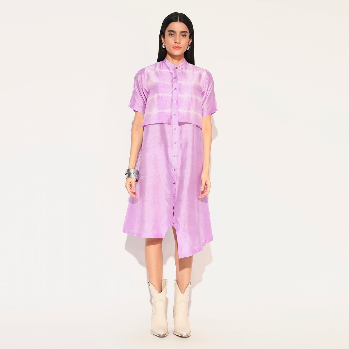 Lavender Pink Shibori Asymmetrical Midi Shirtdress