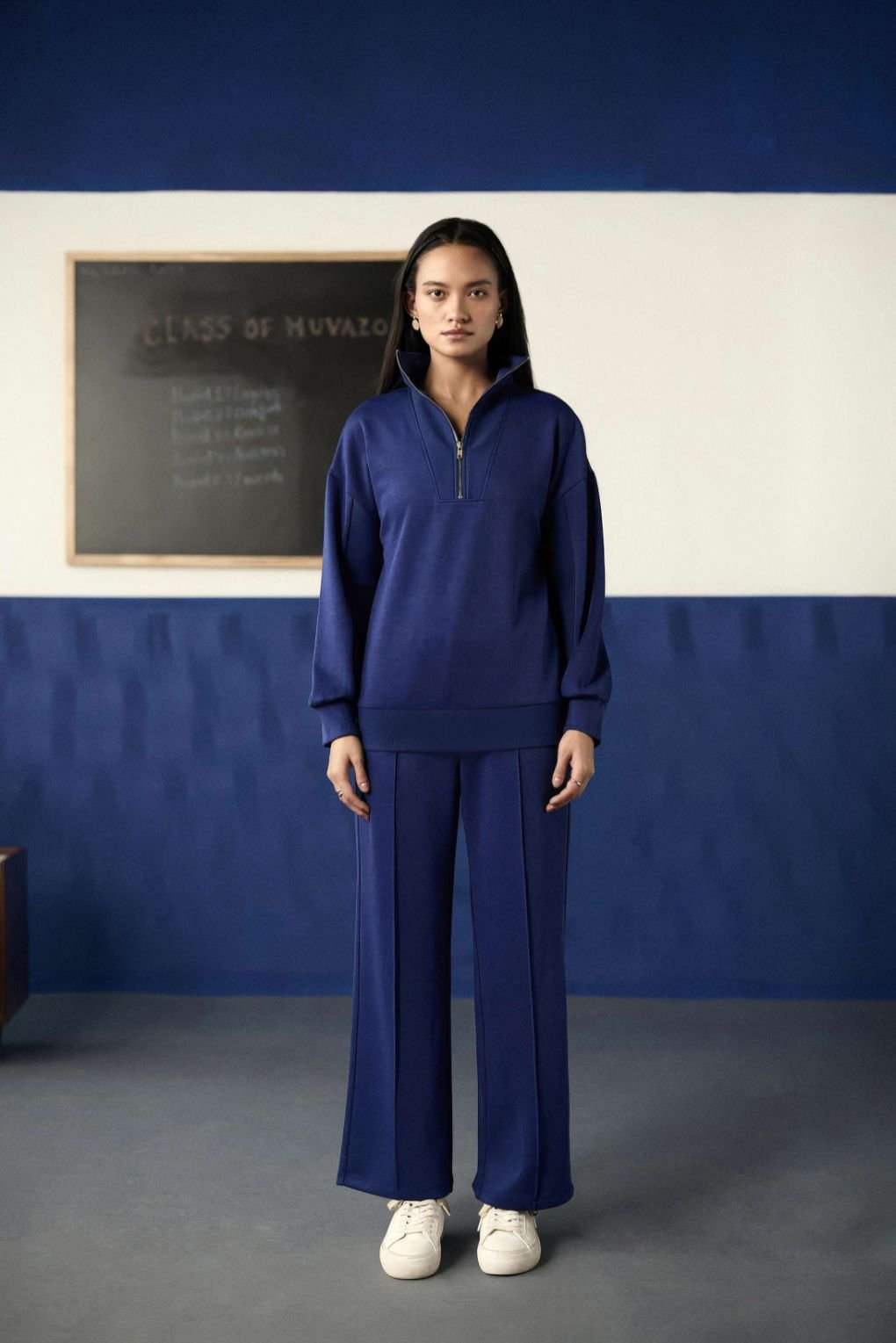 Blue Half-Zip Sweatshirt and Straight Pants Co-ord Set