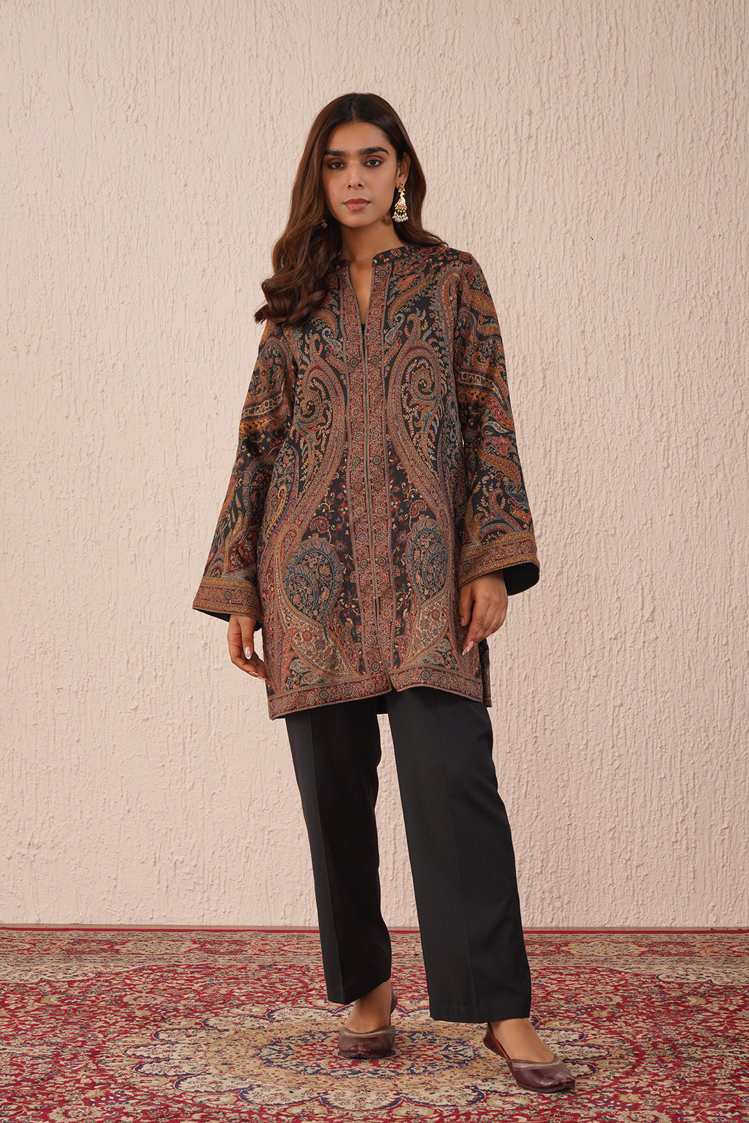 Black Wool Blend Paisley Printed Kurta Set