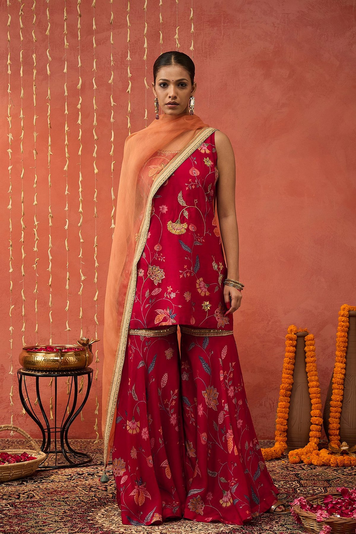 Diya- Red Chintz Embroidered Short Kurta Set