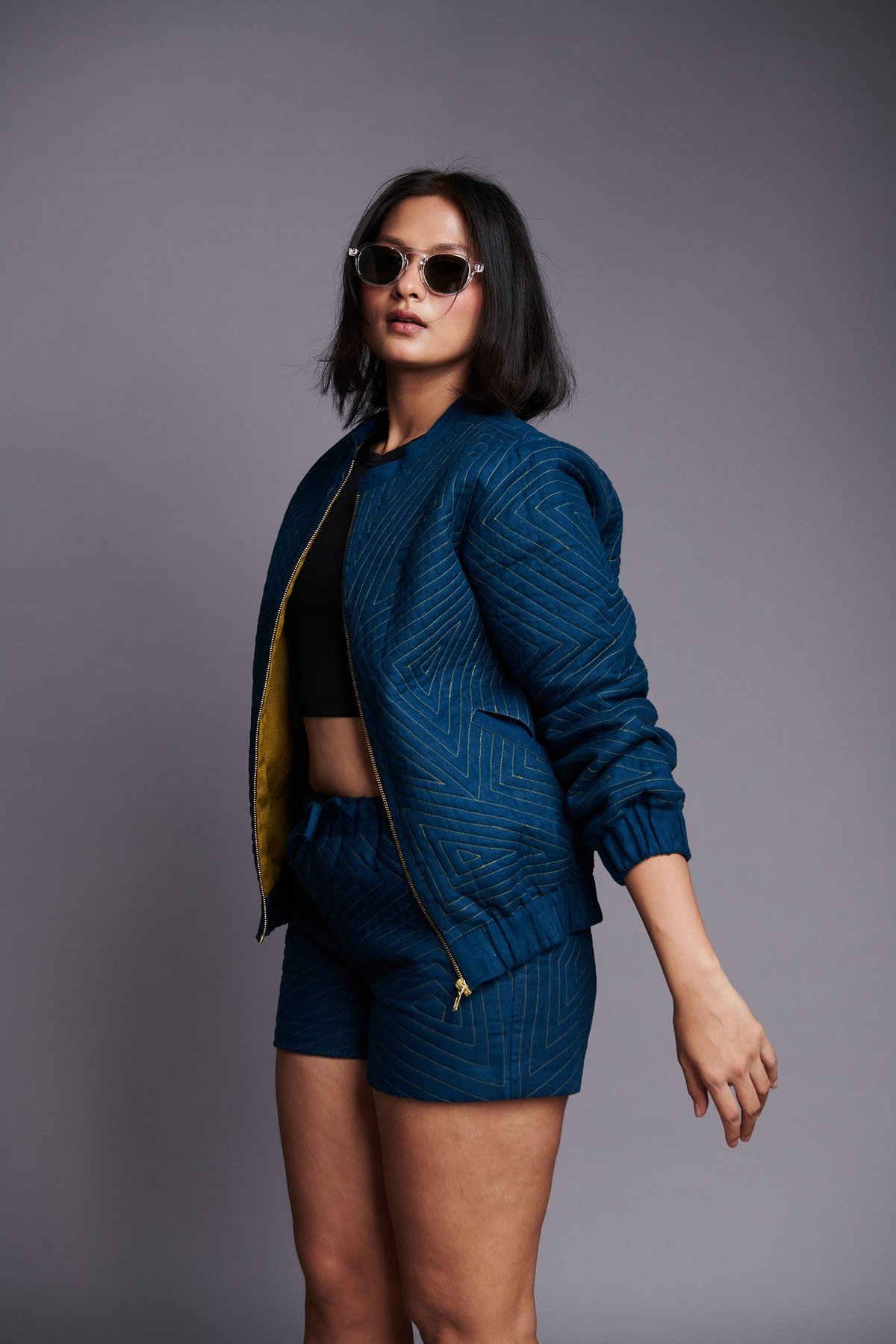 Indigo Quilted Linen Drawstring Shorts