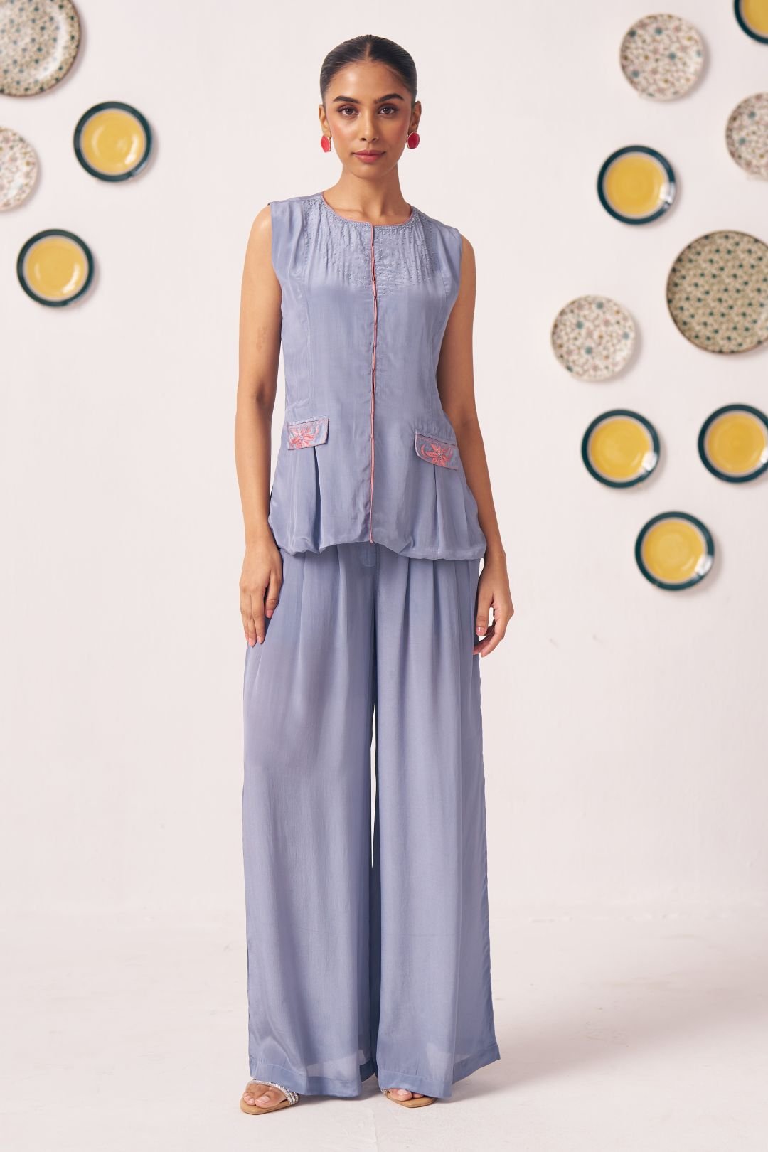 Slate Blue Sleeveless Top & Wide-Leg Pants Co-Ord Set