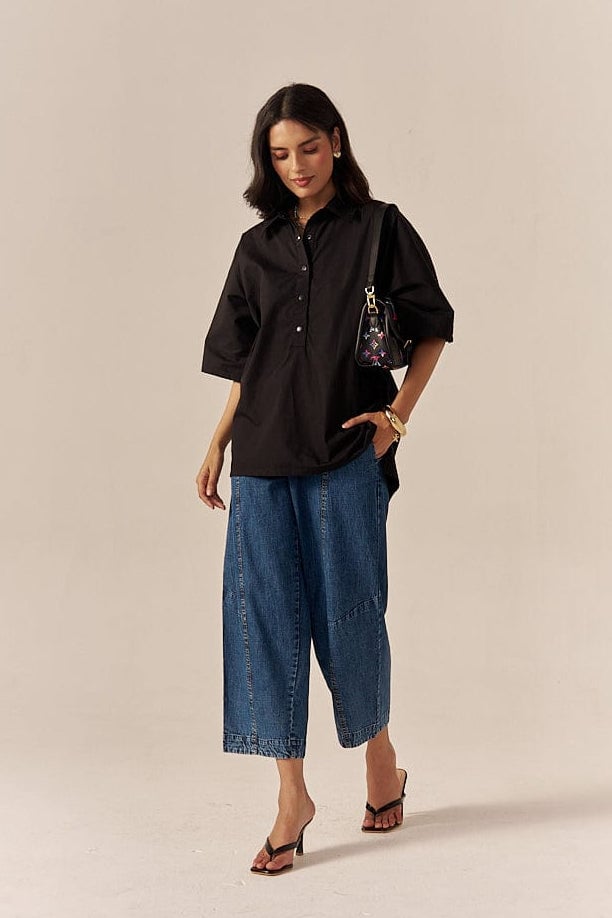 Black Shirt and Blue Denim Barrel Pants Co-ord Set