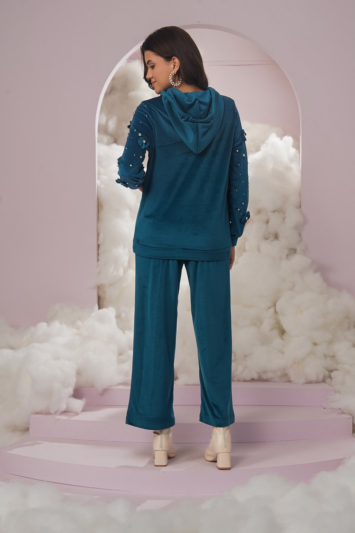 Teal Blue Velvet Wide-Leg Pull-On Trousers