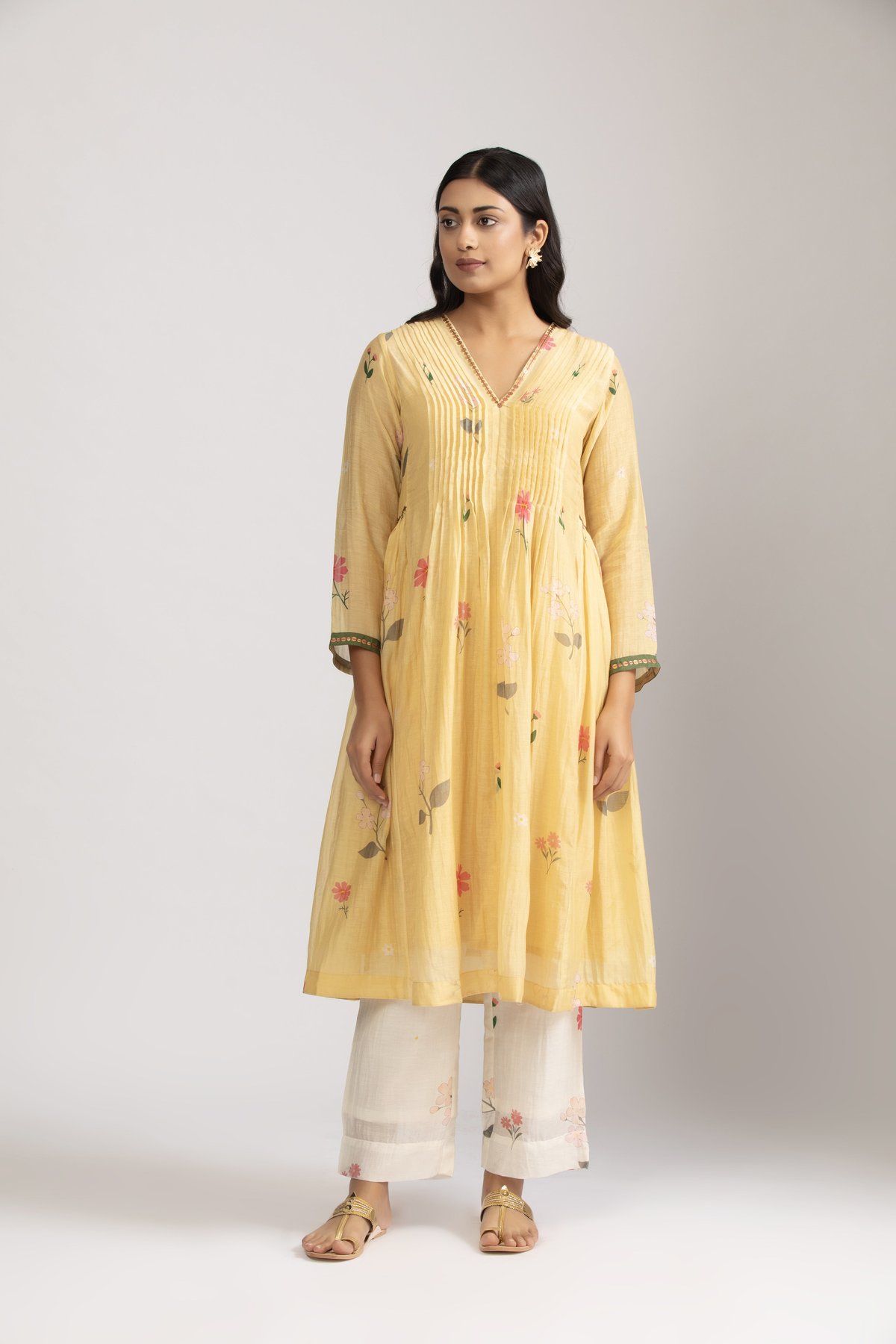 Lemon Yellow Floral Pleated A-Line Kurta Set (Set of 3)