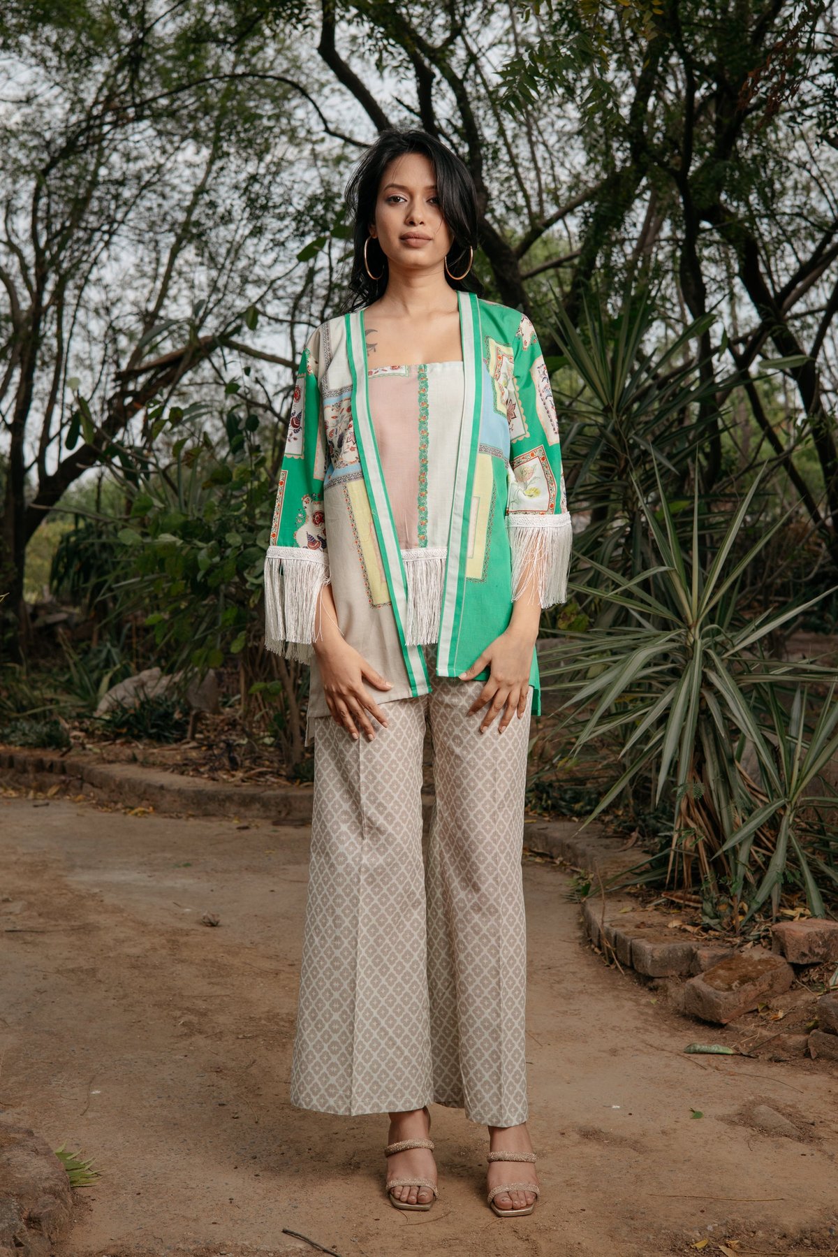 Green and Beige Linen Printed Co-ord Set with Fringe Trim