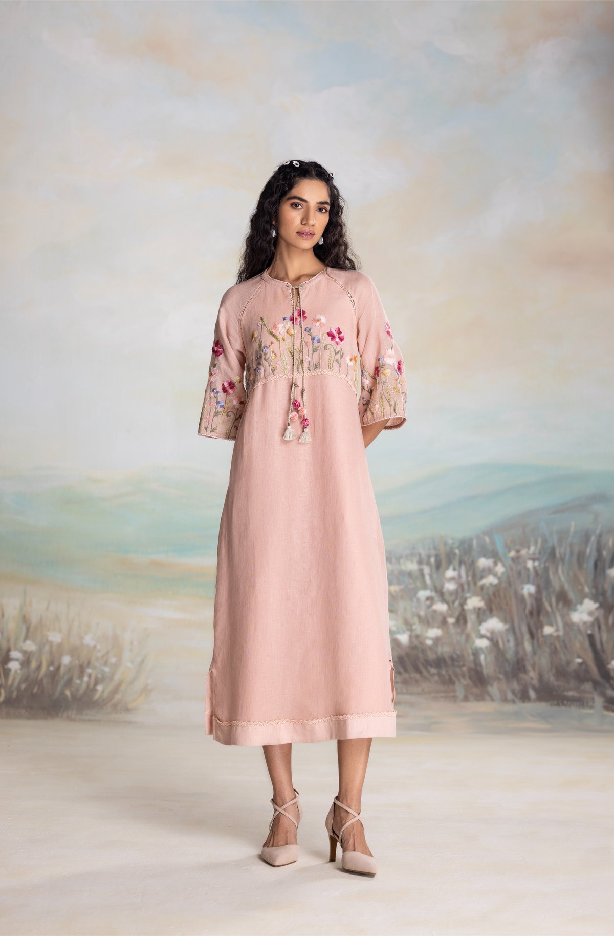 Dusty Rose Linen Embroidered Midi Dress with Tie-Up Neck