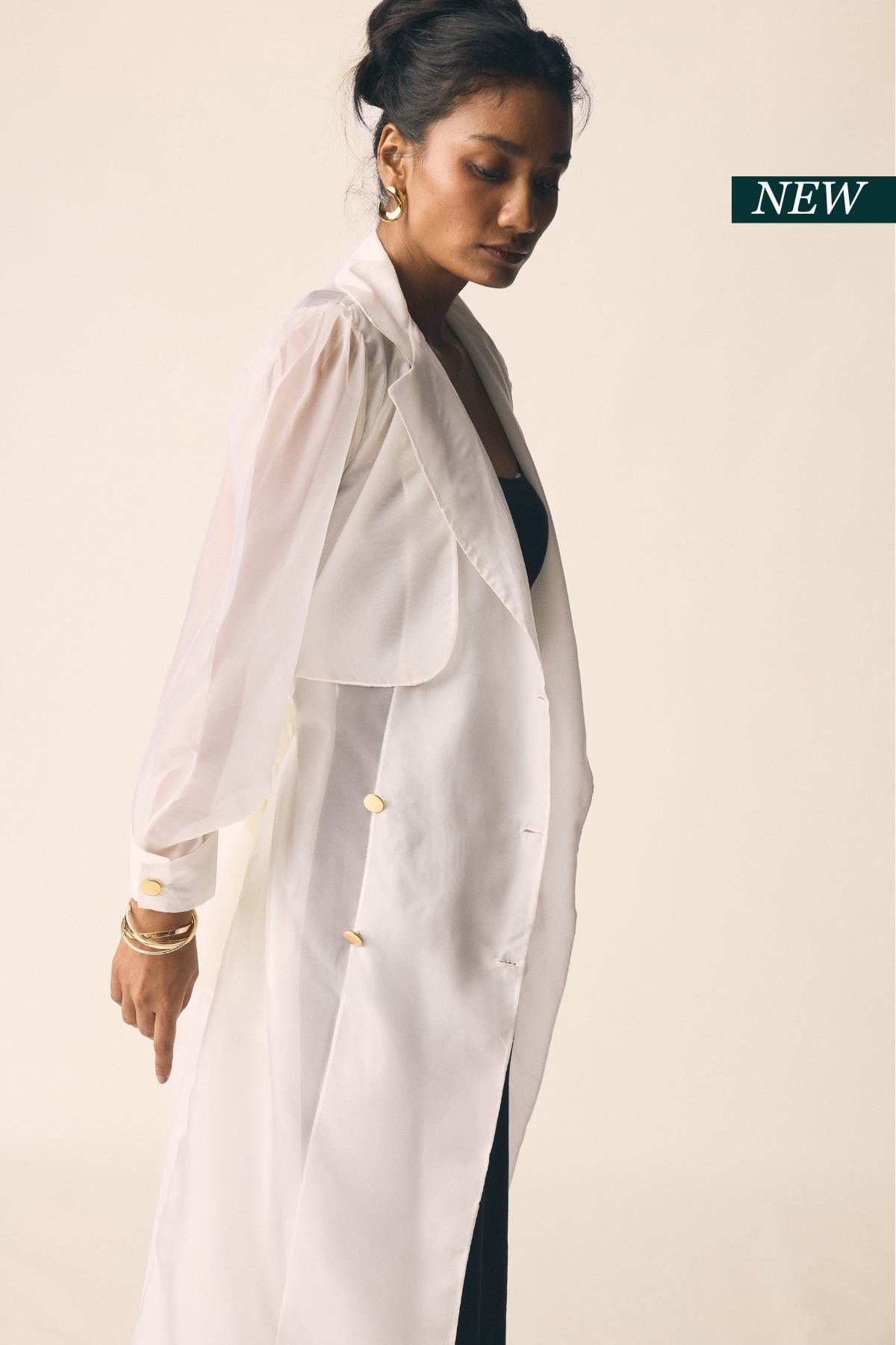 Off White Sheer Organza Longline Trench Coat