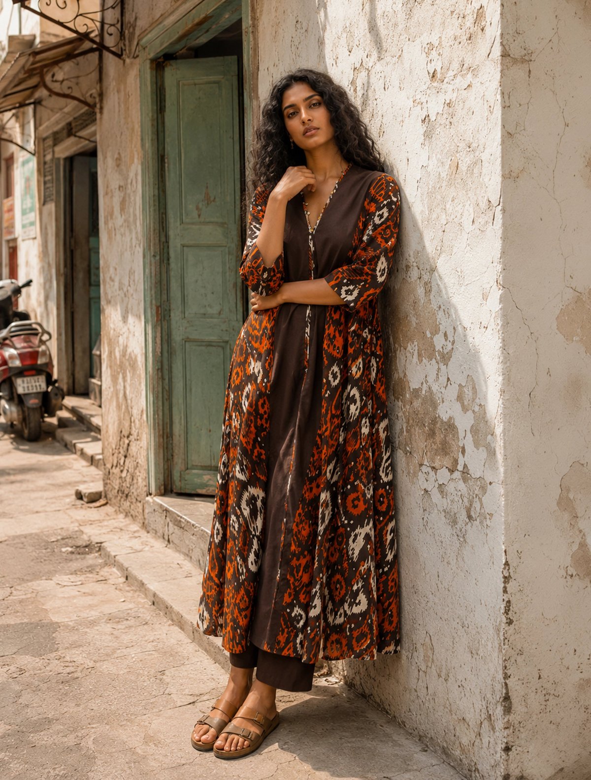 Cola Orange Ikat Print Cotton Kaftan Kurta Set