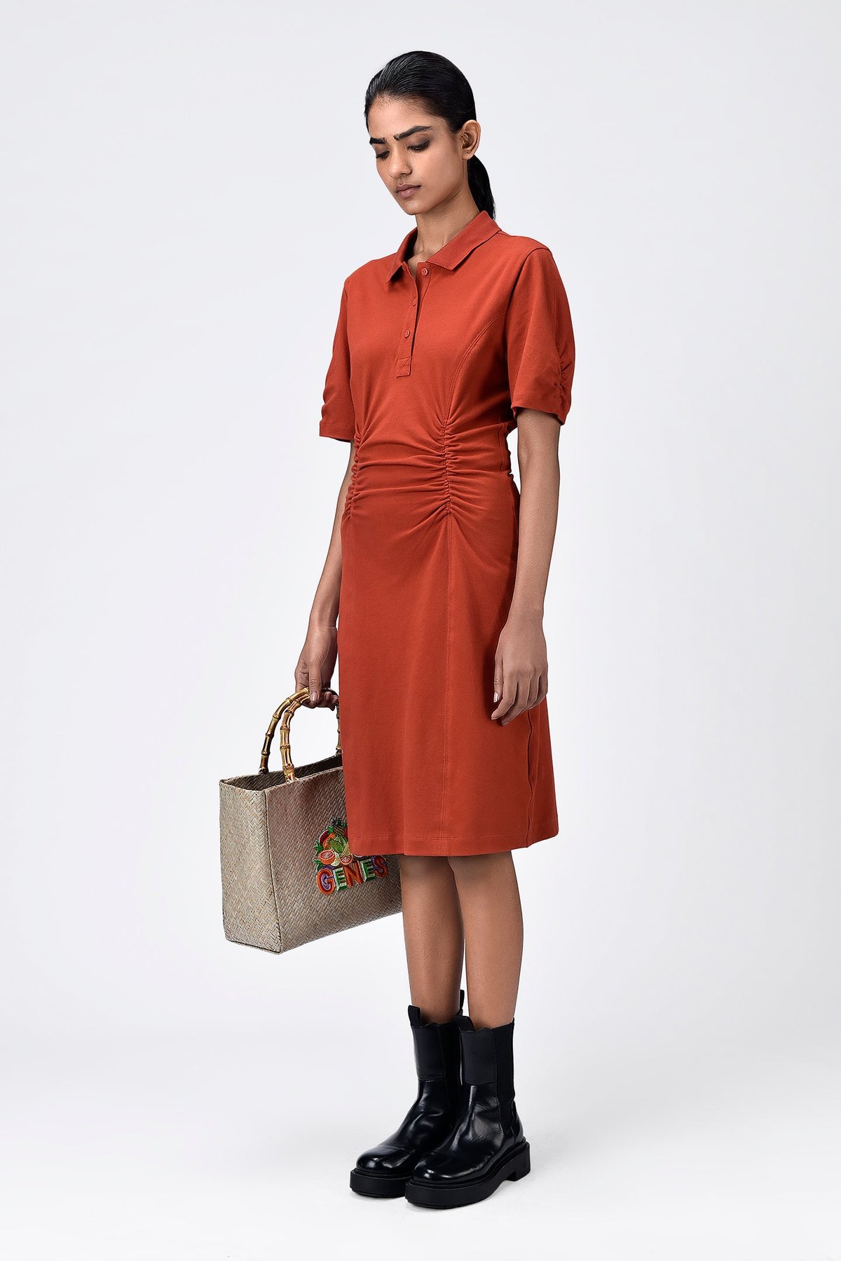 Coral Orange Cotton Piqué Polo Dress with Smocked Waist