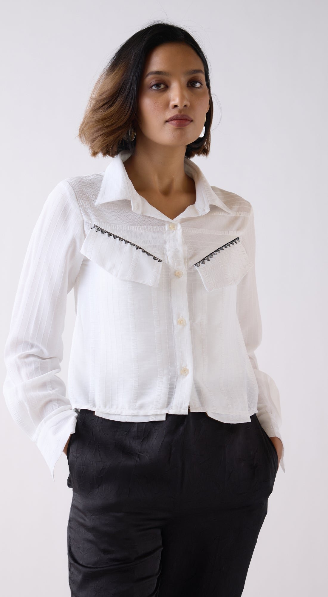 Ivory Striped Chiffon Button-Down Shirt