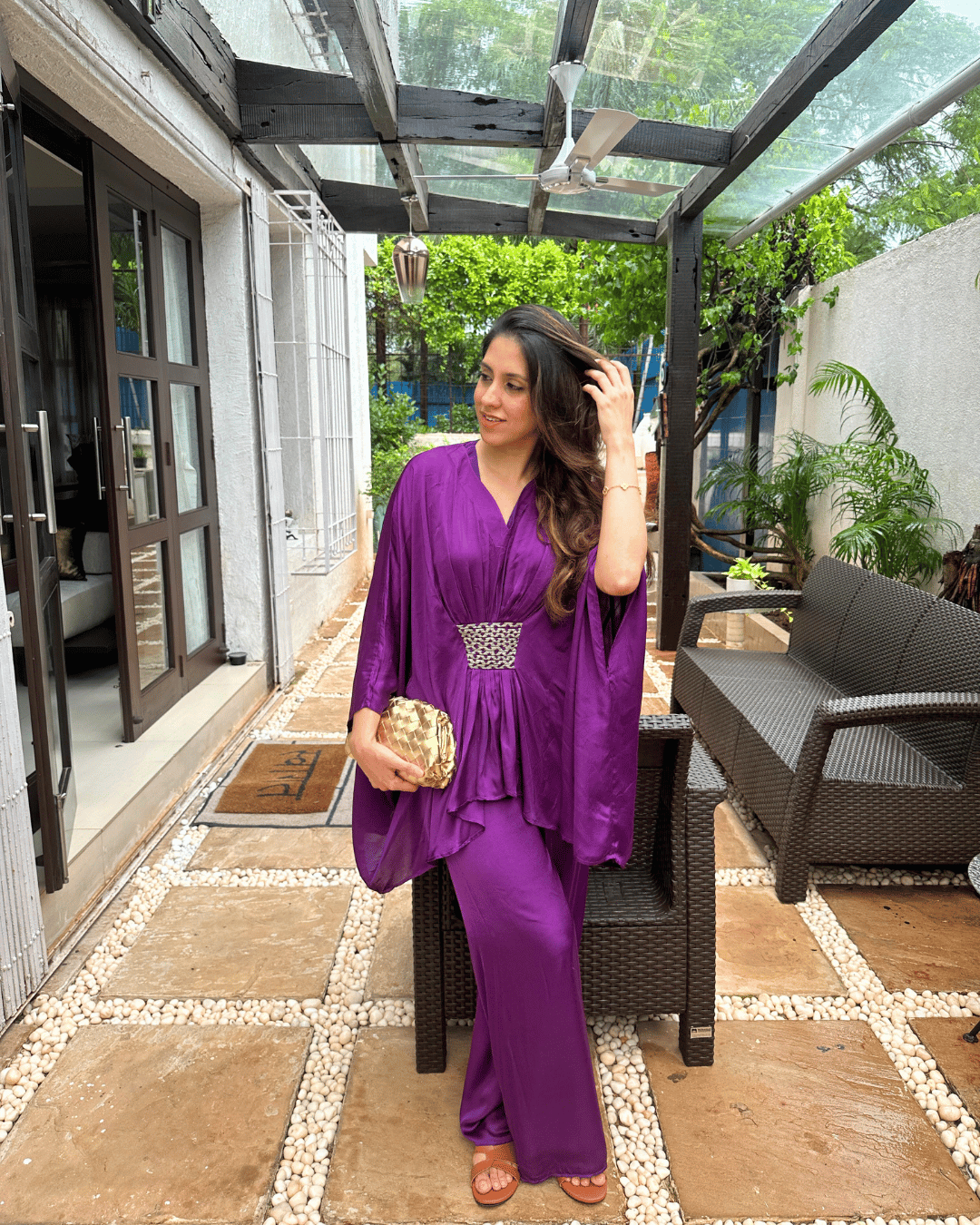 Purple Braided Kaftan and Wide-Leg Pants Co-ord Set