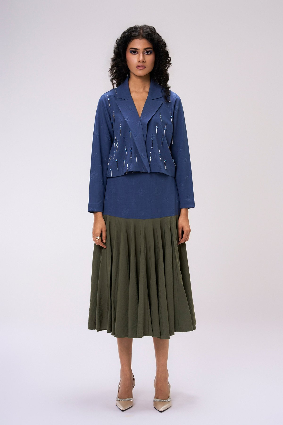 Deep Blue Jacket and Olive Midi Skirt Co-ord Set