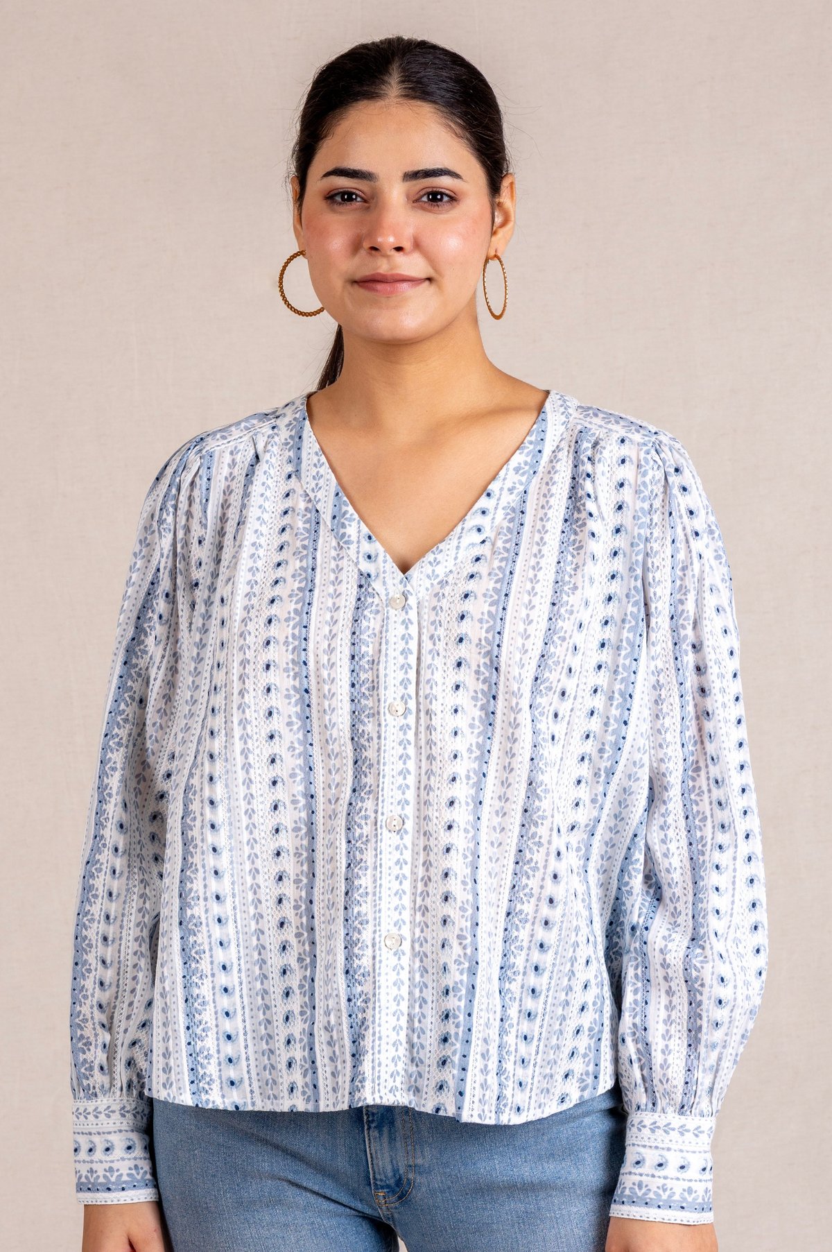 Blue Printed V-neck Blouse