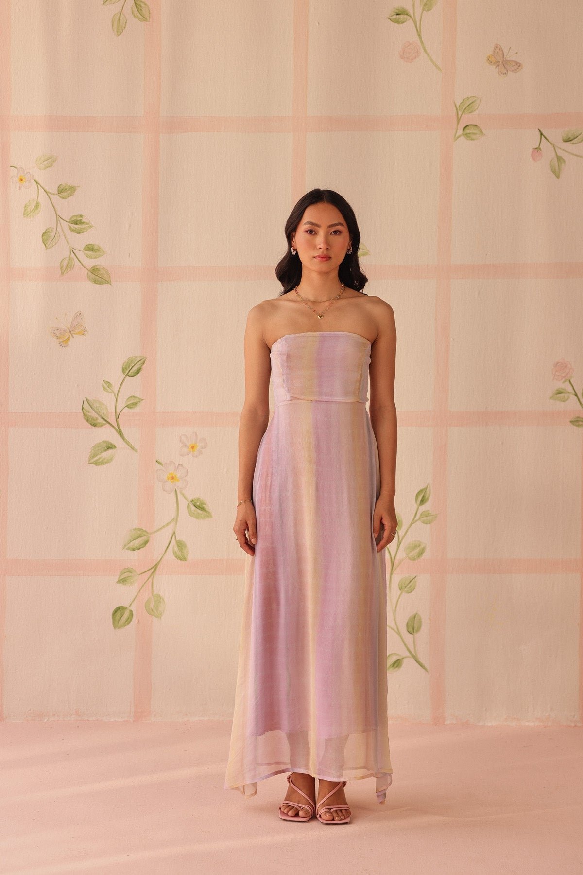 Lavender Striped Chiffon Bandeau Maxi Slip Dress