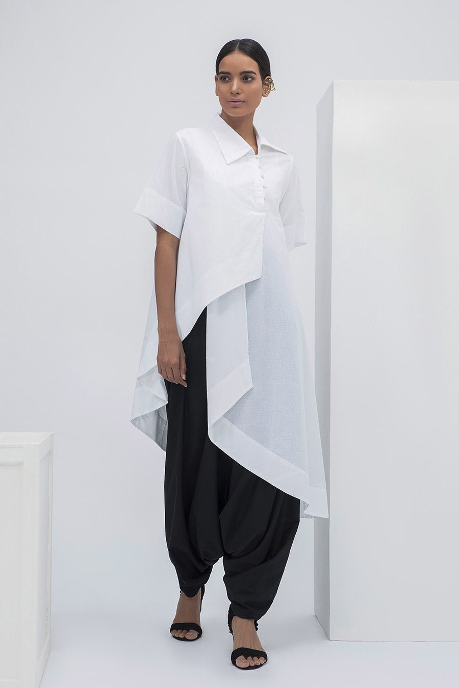 White Asymmetric Overlap Drape Shirt Tunic