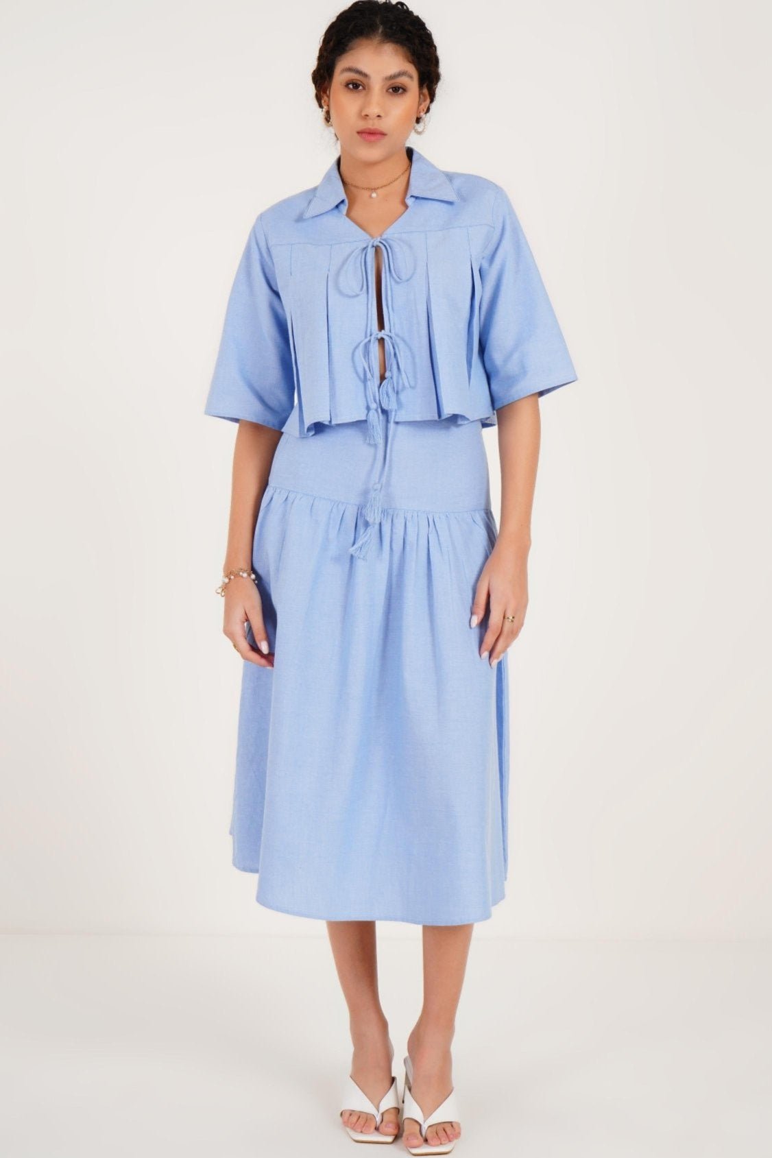 Blue Chambray High-Waist A-Line Midi Skirt with Hip Yoke