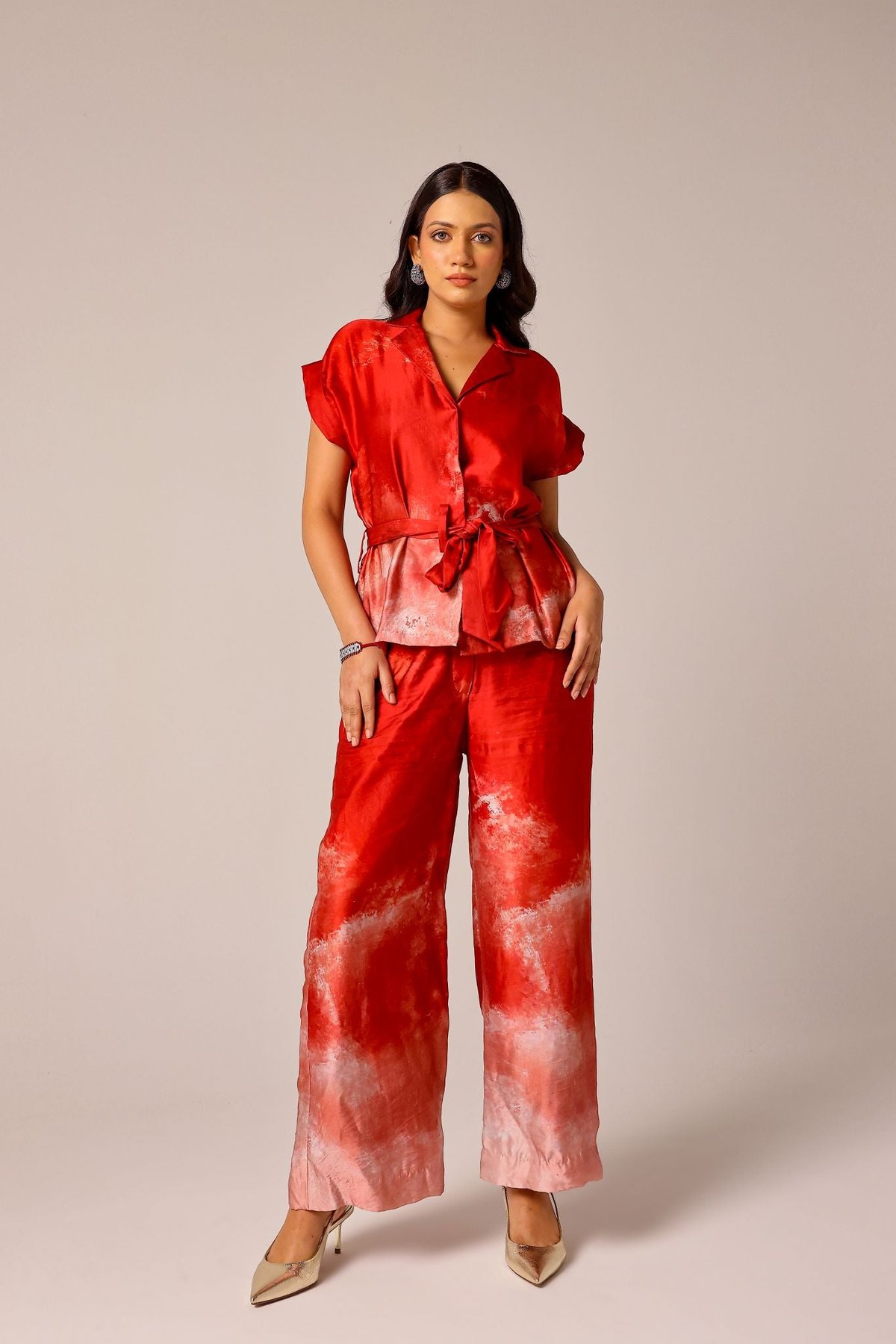 Red Ombre Printed Shirt and Wide-Leg Co-ord Set