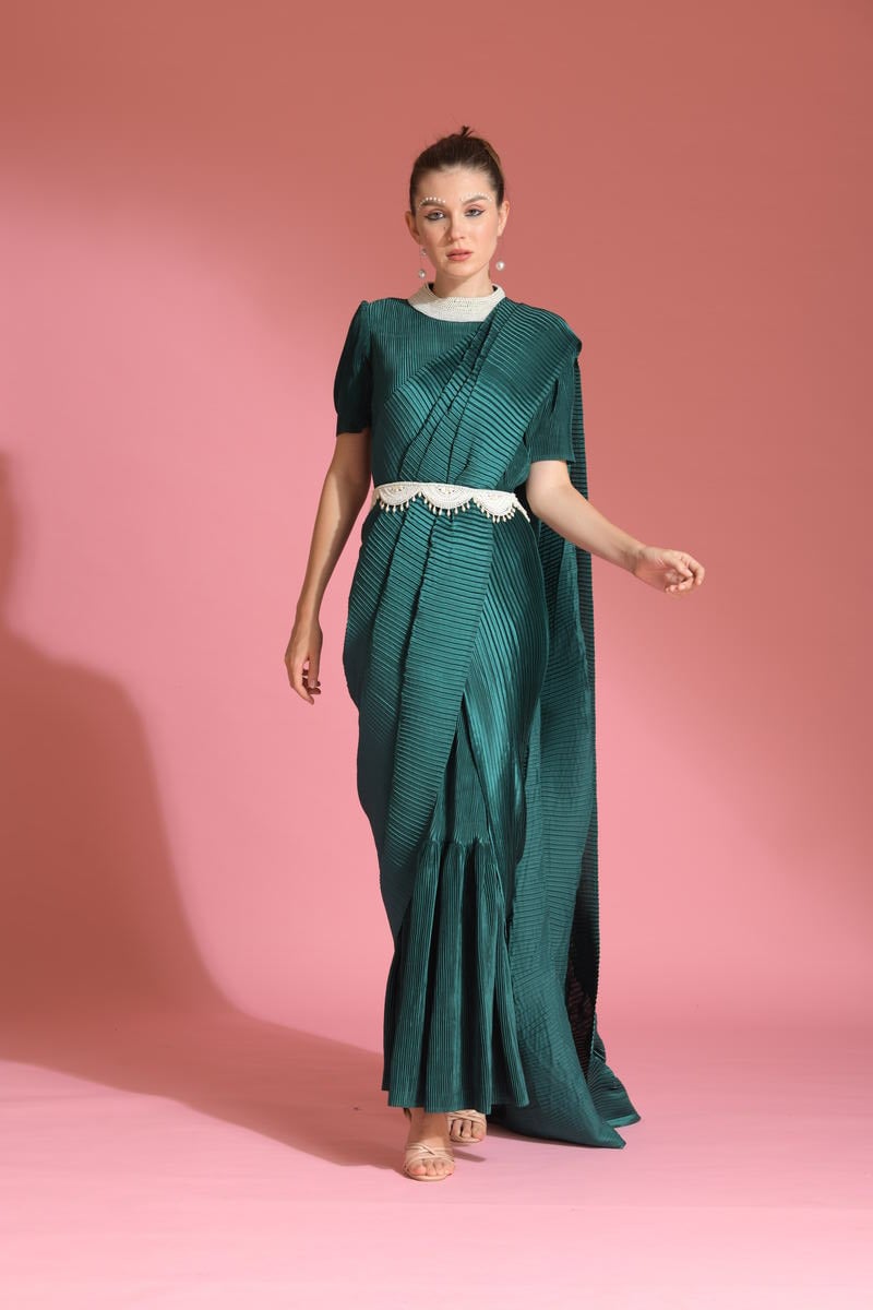 Green Pleated Satin Saree Set with Pearl Belt