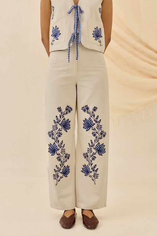 Off-White Denim Trousers with Navy Floral Placement Motif